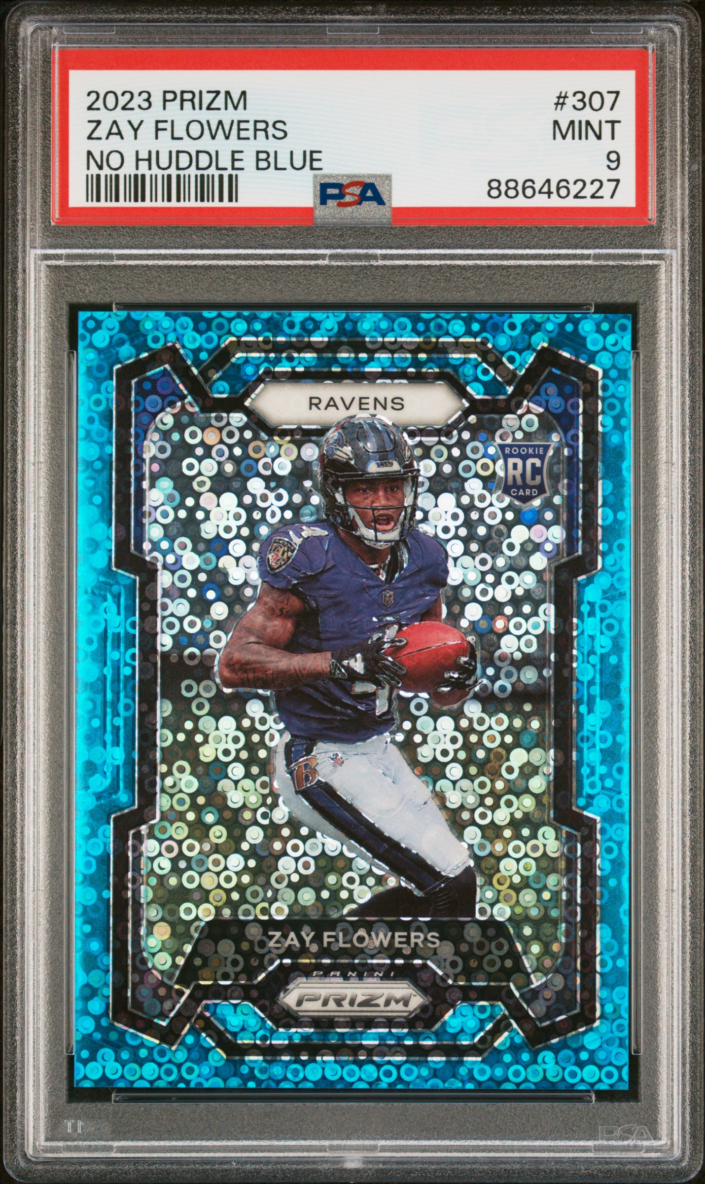 2023 Panini Prizm No Huddle Blue #307 Zay Flowers Rookie Card  (#3/95)– PSA MINT 9