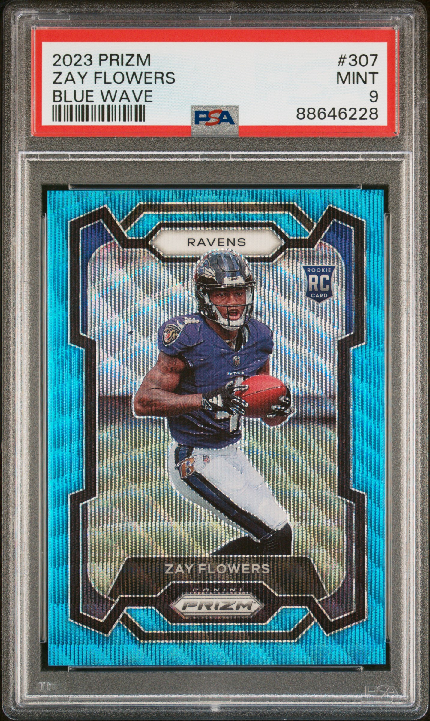 2023 Panini Prizm Blue Wave #307 Zay Flowers Rookie Card (#149/199) – PSA MINT 9