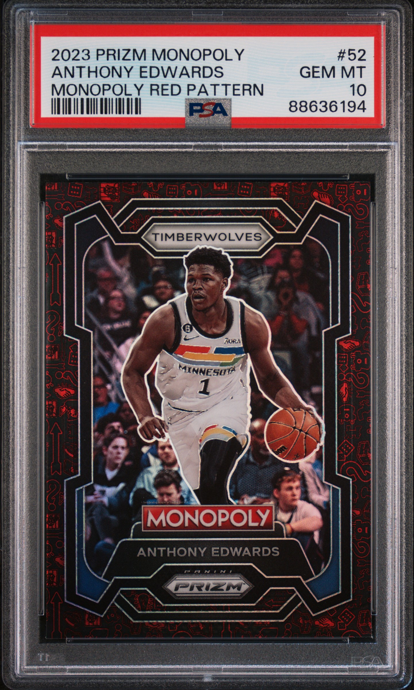 2023-24 Panini Prizm Monopoly Monopoly Red Pattern #52 Anthony Edwards – PSA GEM MT 10