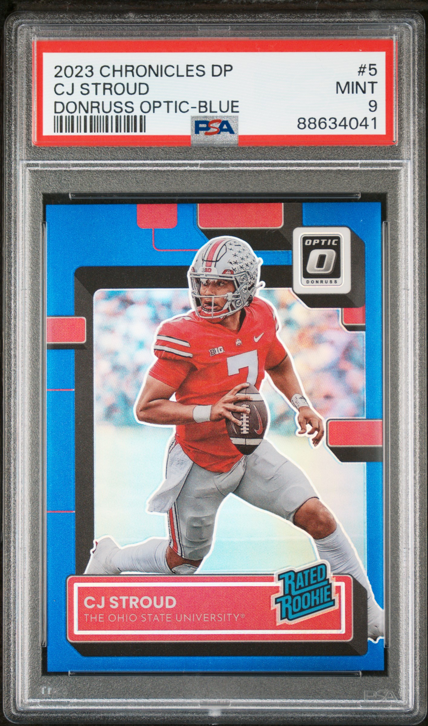 2023 Panini Chronicles Draft Picks Donruss Optic Blue Rated Rookie #5 C.J. Stroud Rookie Card (#94/99) – PSA MINT 9