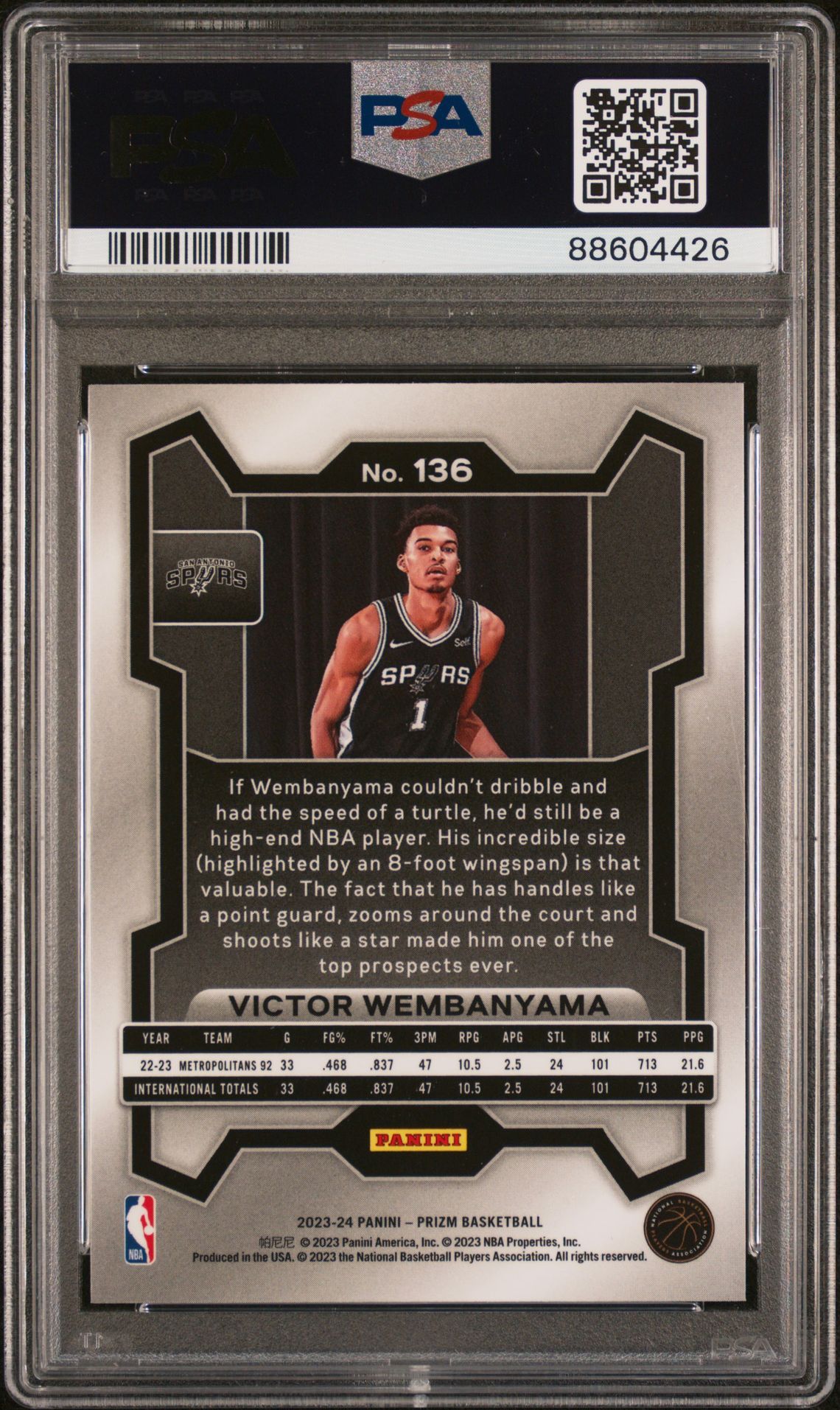 2023 Panini Prizm Victor Wembanyama #136 Gem Mt 10 back view - PSA certificate #88604426