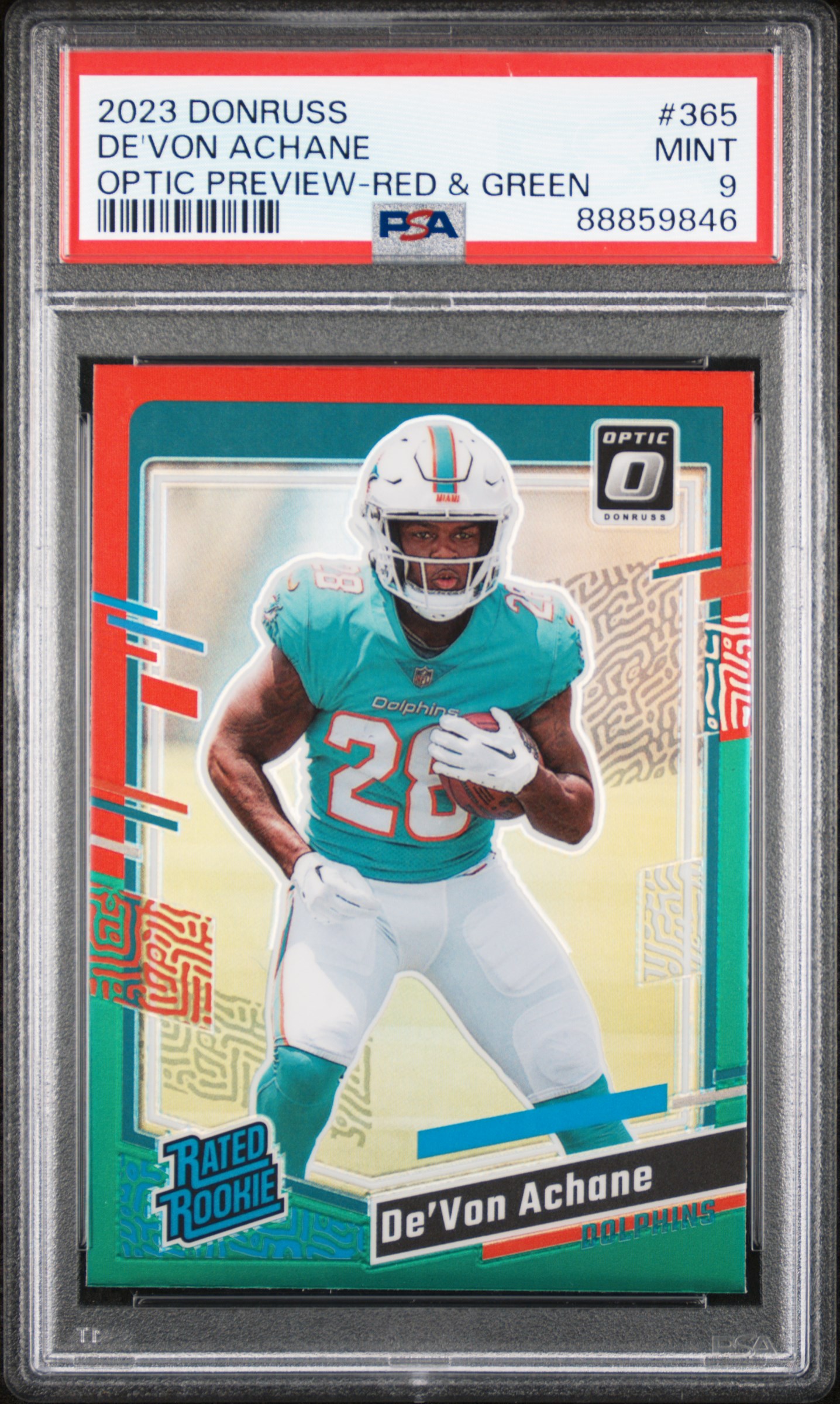 2023 Panini Donruss Optic Preview-Red & Green #365 De'Von Achane Rookie Card – PSA MINT 9