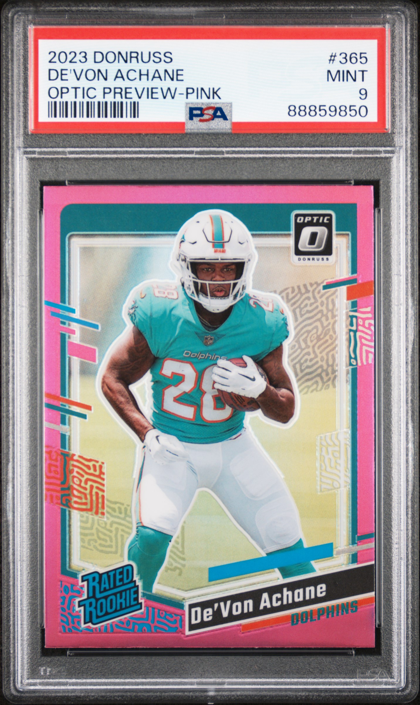 2023 Panini Donruss Optic Preview-Pink #365 De'Von Achane Rookie Card – PSA MINT 9