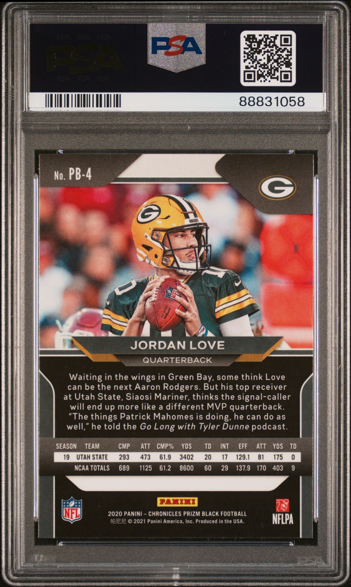 2020 Panini Chronicles Prizm Black Jordan Love #Pb4 (Prizm Black) Gem Mt 10 back