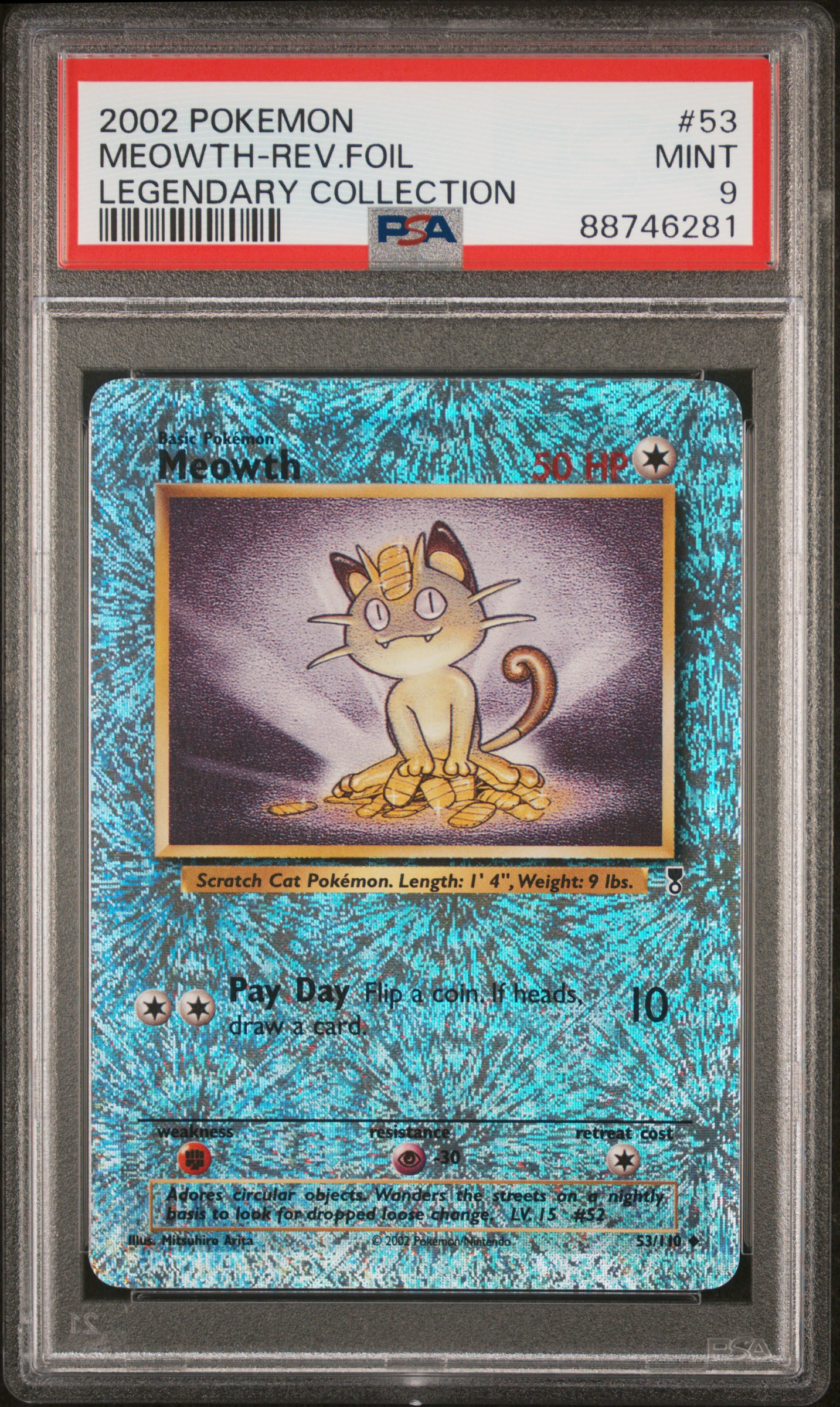 2002 Pokemon Legendary Collection Reverse Foil #53 Meowth – PSA MINT 9