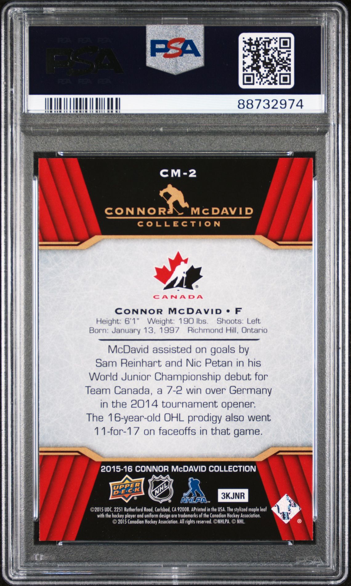 2015 Upper Deck Connor Mcdavid Collection Connor Mcdavid #Cm-2 (Connor Mcdavid Coll.) Gem Mt 10 back