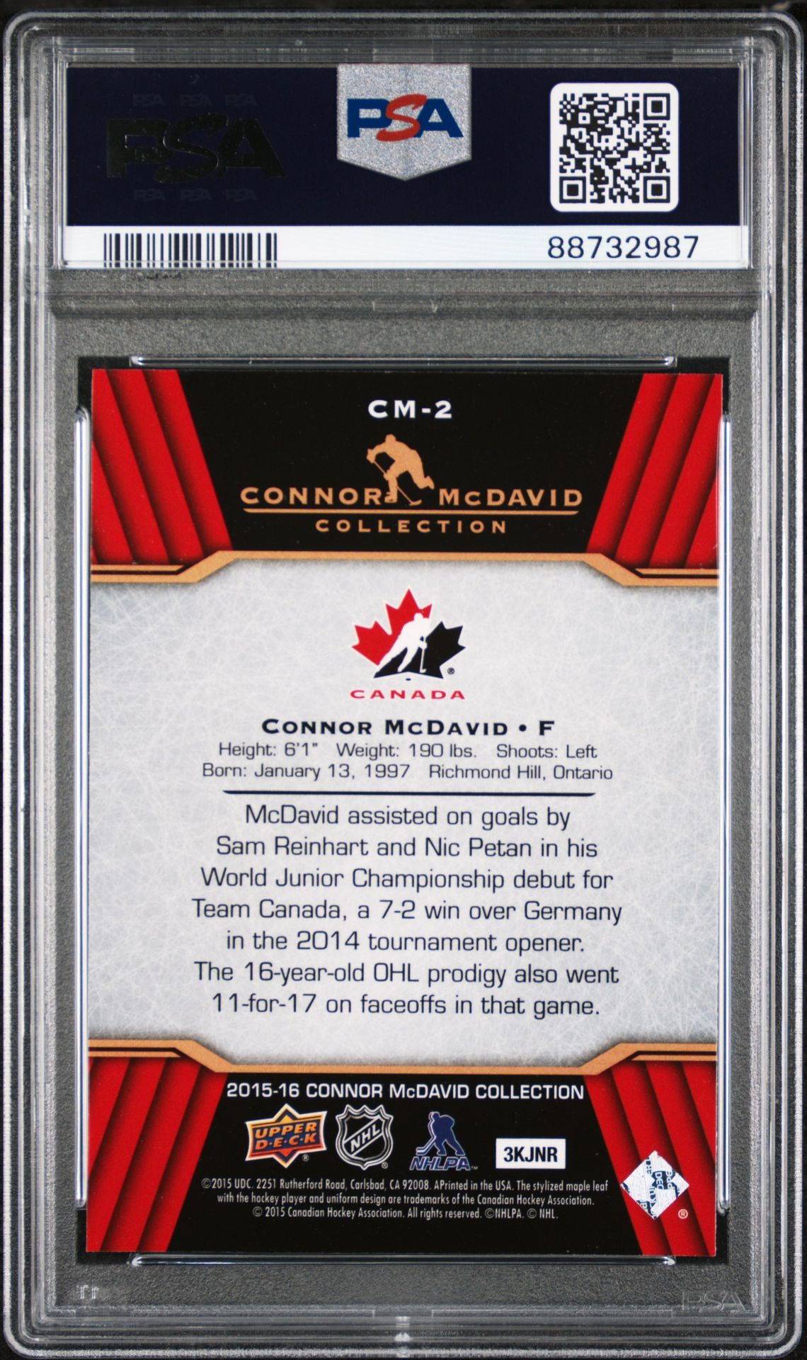 2015 Upper Deck Connor Mcdavid Collection Connor Mcdavid #Cm-2 (Connor Mcdavid Coll.) Gem Mt 10 back