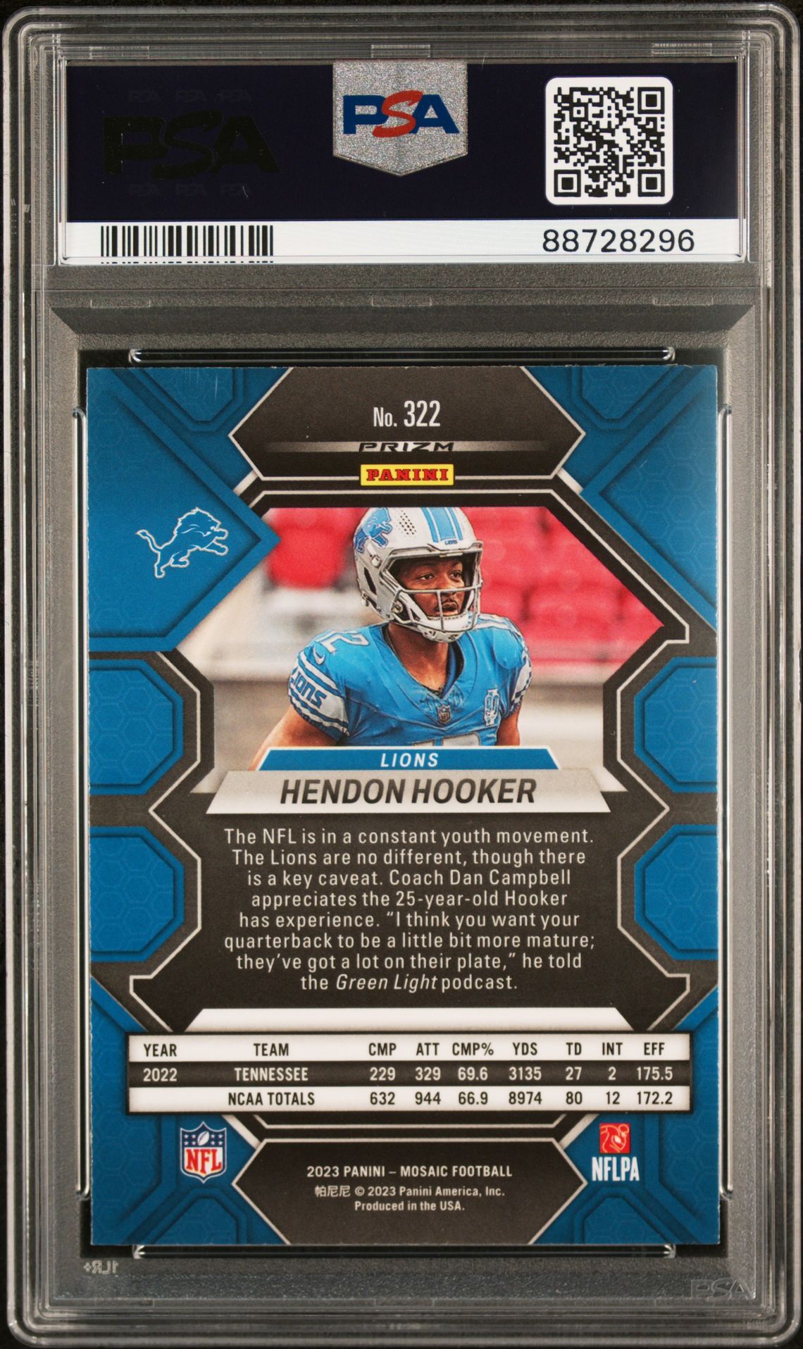 2023 Panini Mosaic Hendon Hooker #322 (Reactive Blue) Gem Mt 10 back