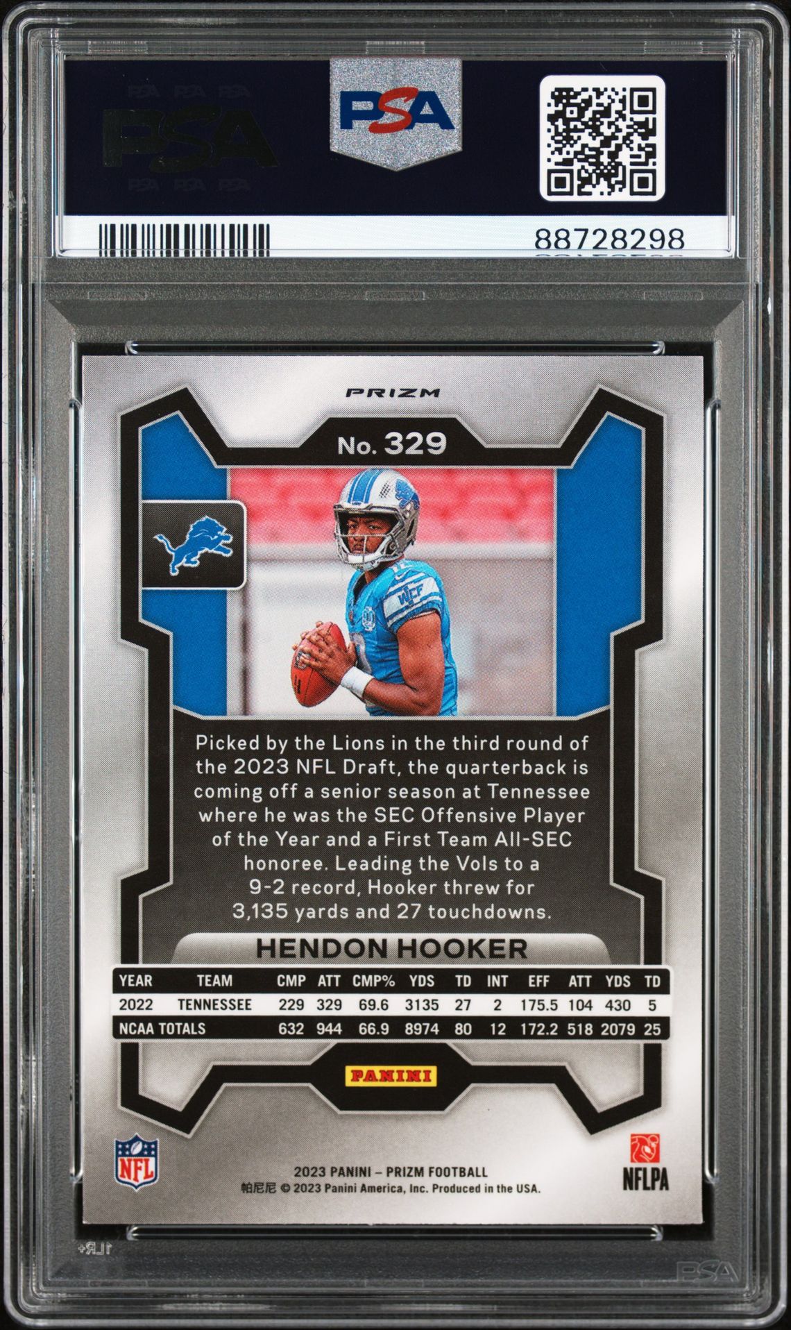 2023 Panini Prizm Hendon Hooker #329 (Red/White/Blue Prizm) Gem Mt 10 back