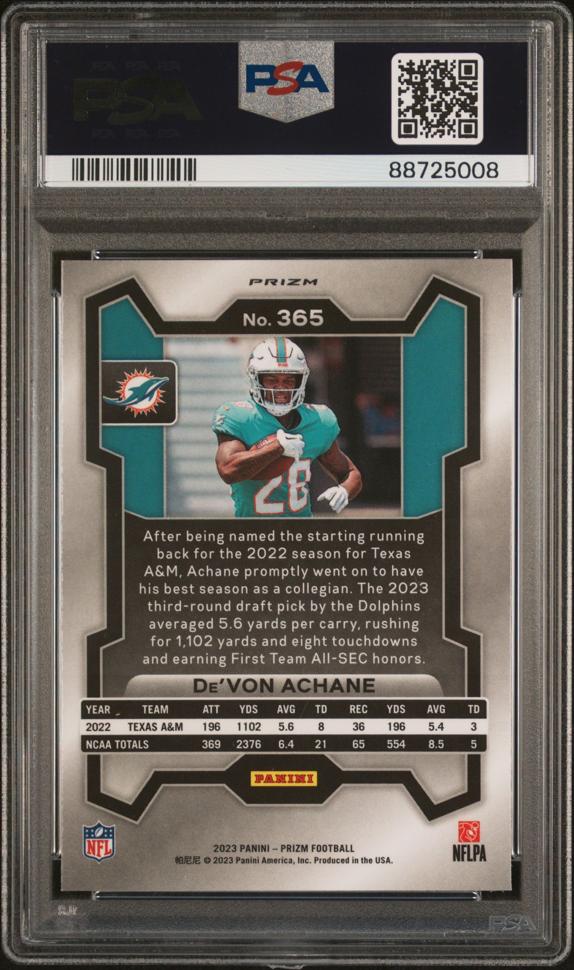 2023 Panini Prizm De'von Achane #365 (Green Wave) Nm-Mt 8 back
