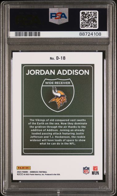 2023 Panini Donruss Downtown! Jordan Addison #D18 Gem Mt 10 back