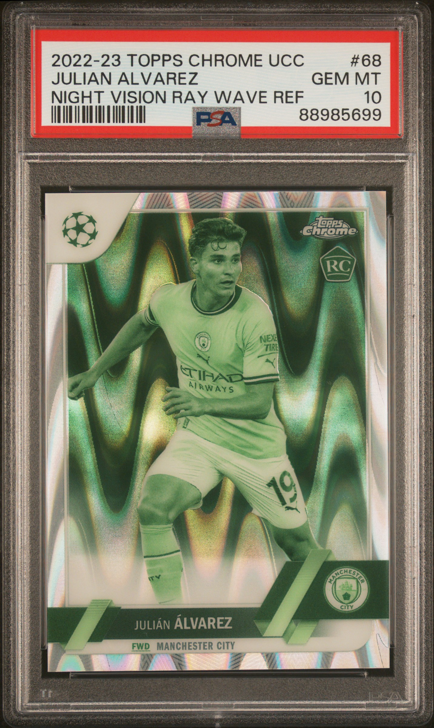 2022 Topps Chrome UEFA Club Competitions Night Vision Ray Wave Refractor #68 Julian Alvarez (#032/225)– PSA GEM MT 10