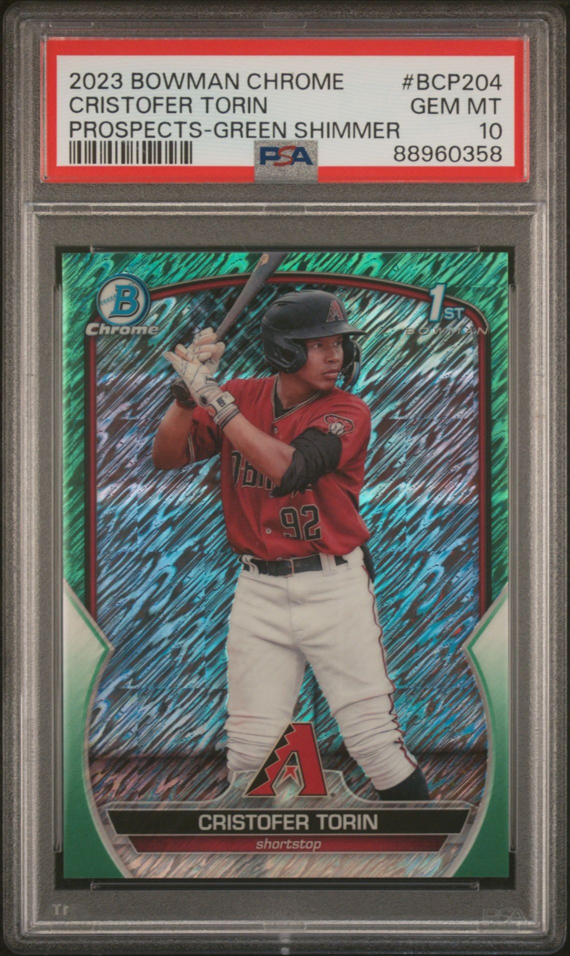 2023 Bowman Chrome Prospects Cristofer Torin #Bcp204 (Prospects-Green Shimmer) Gem Mt 10 front view - PSA graded GEM MT 10