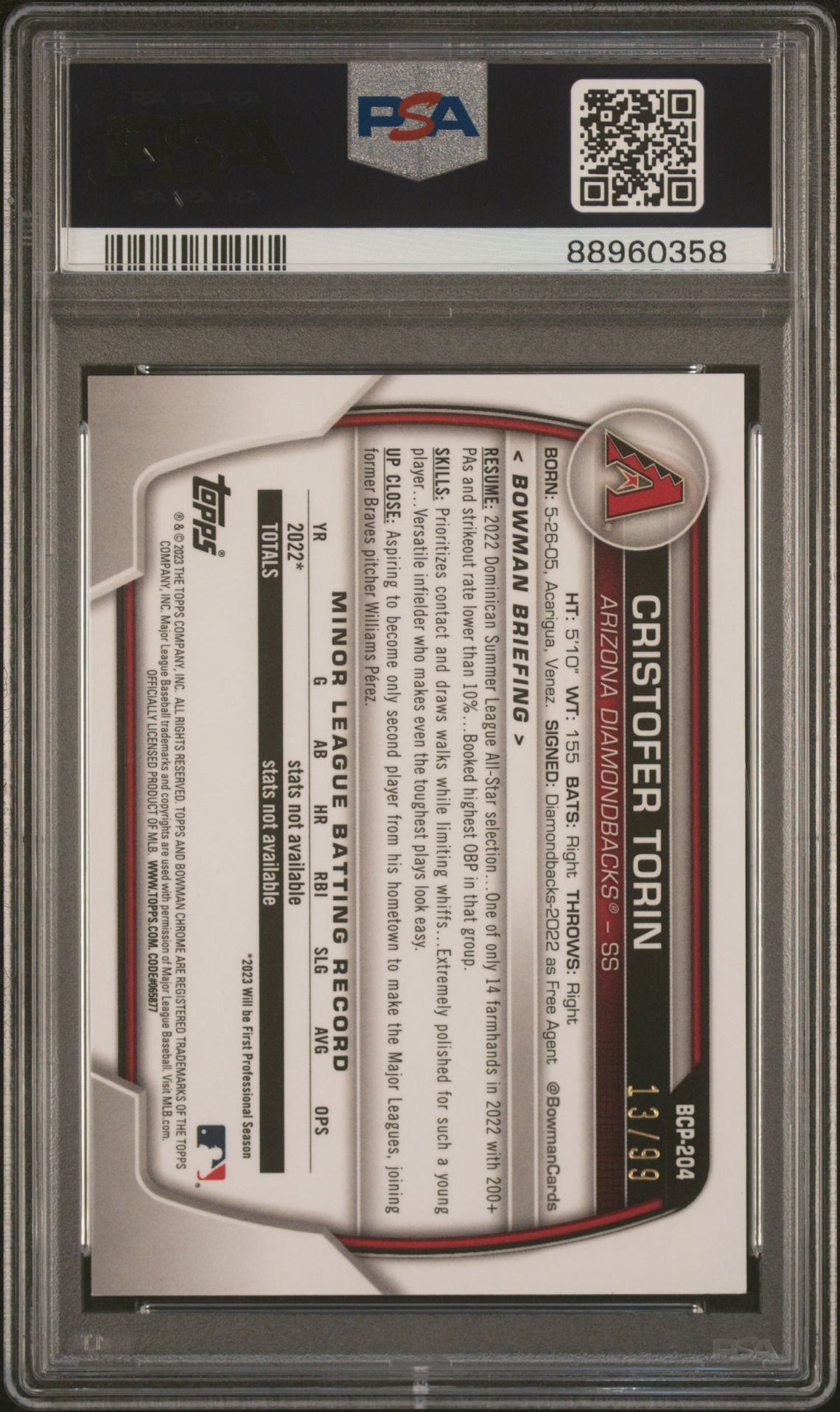 2023 Bowman Chrome Prospects Cristofer Torin #Bcp204 (Prospects-Green Shimmer) Gem Mt 10 back view - PSA certificate #88960358