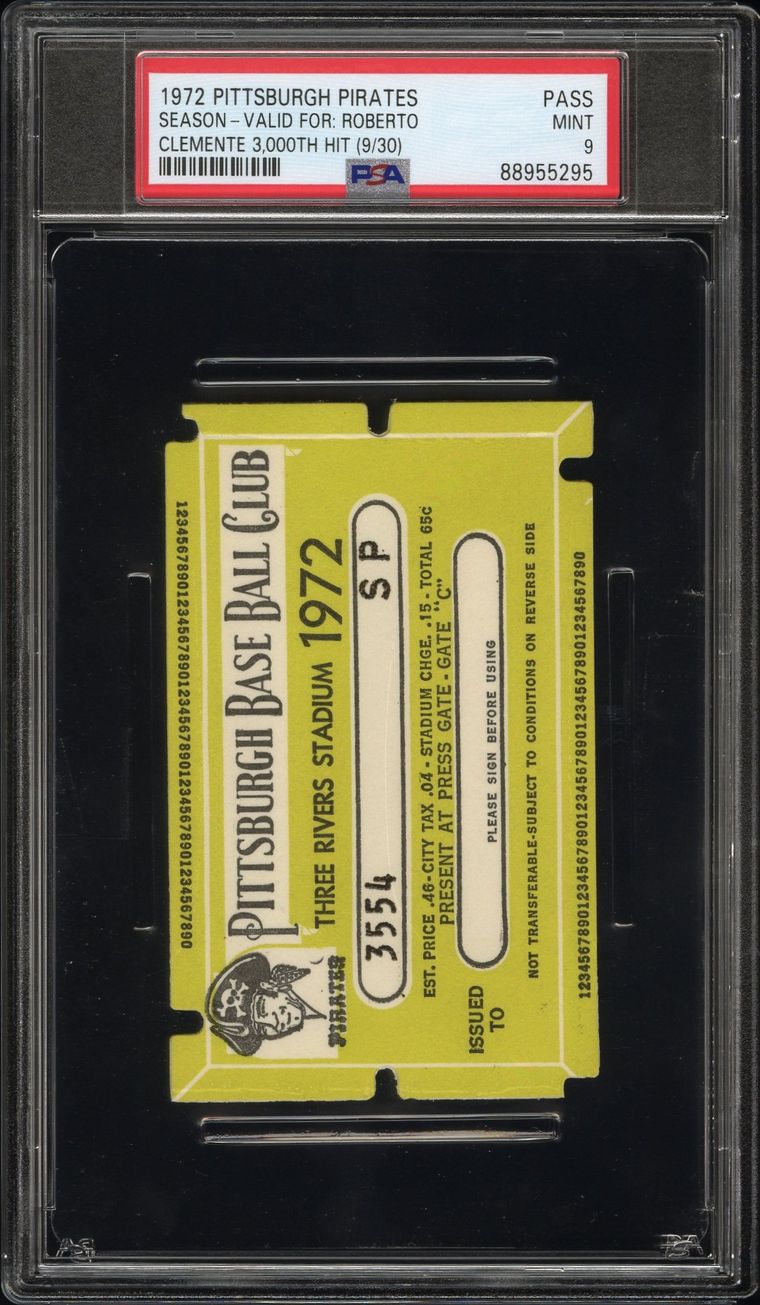 1972 Pittsburgh Pirates season pass graded PSA MINT 9, valid for Roberto Clemente's 3,000th hit