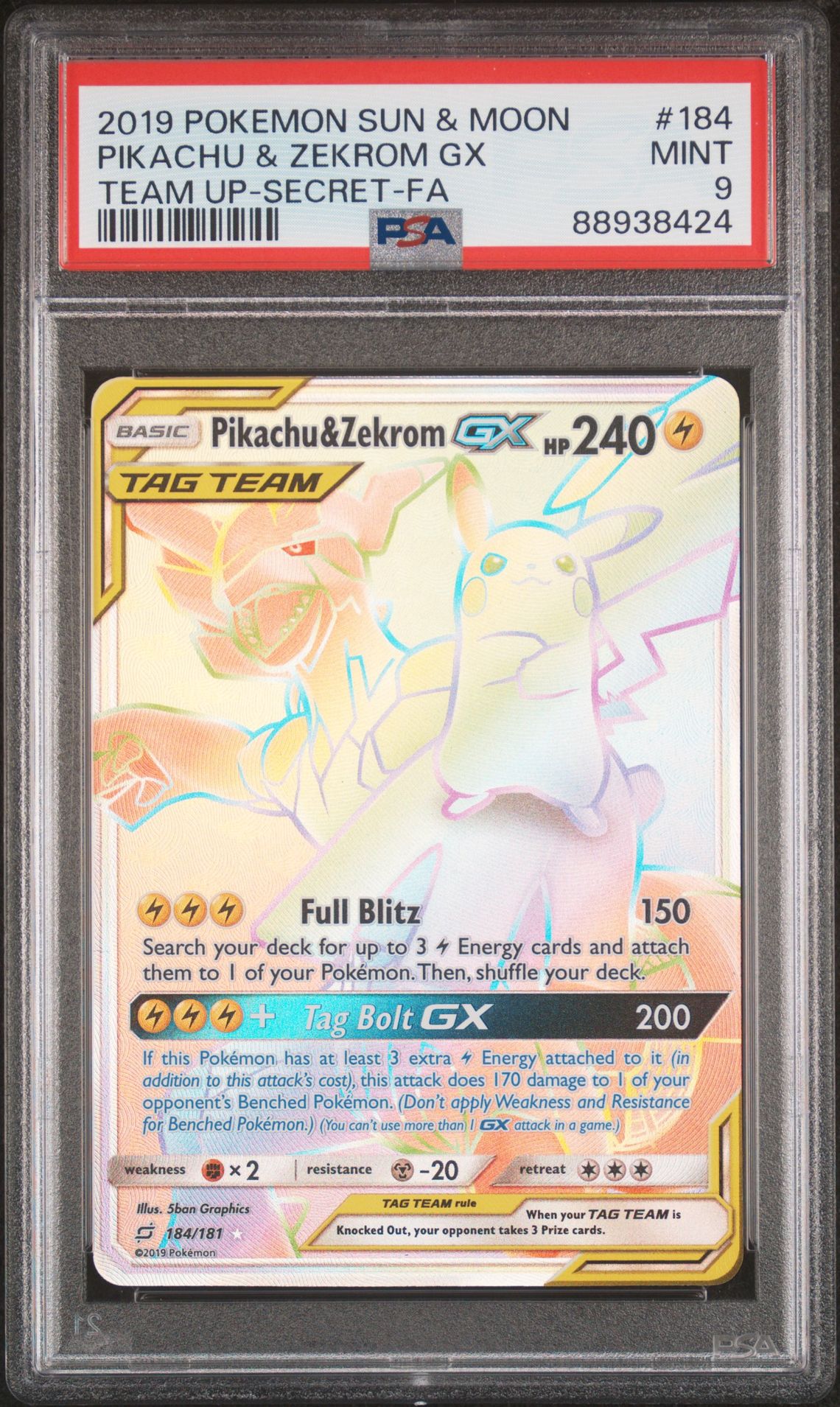 2019 Pokemon POKEMON SUN & MOON TEAM UP SECRET-FA #184 Pikachu & Zekrom Gx front