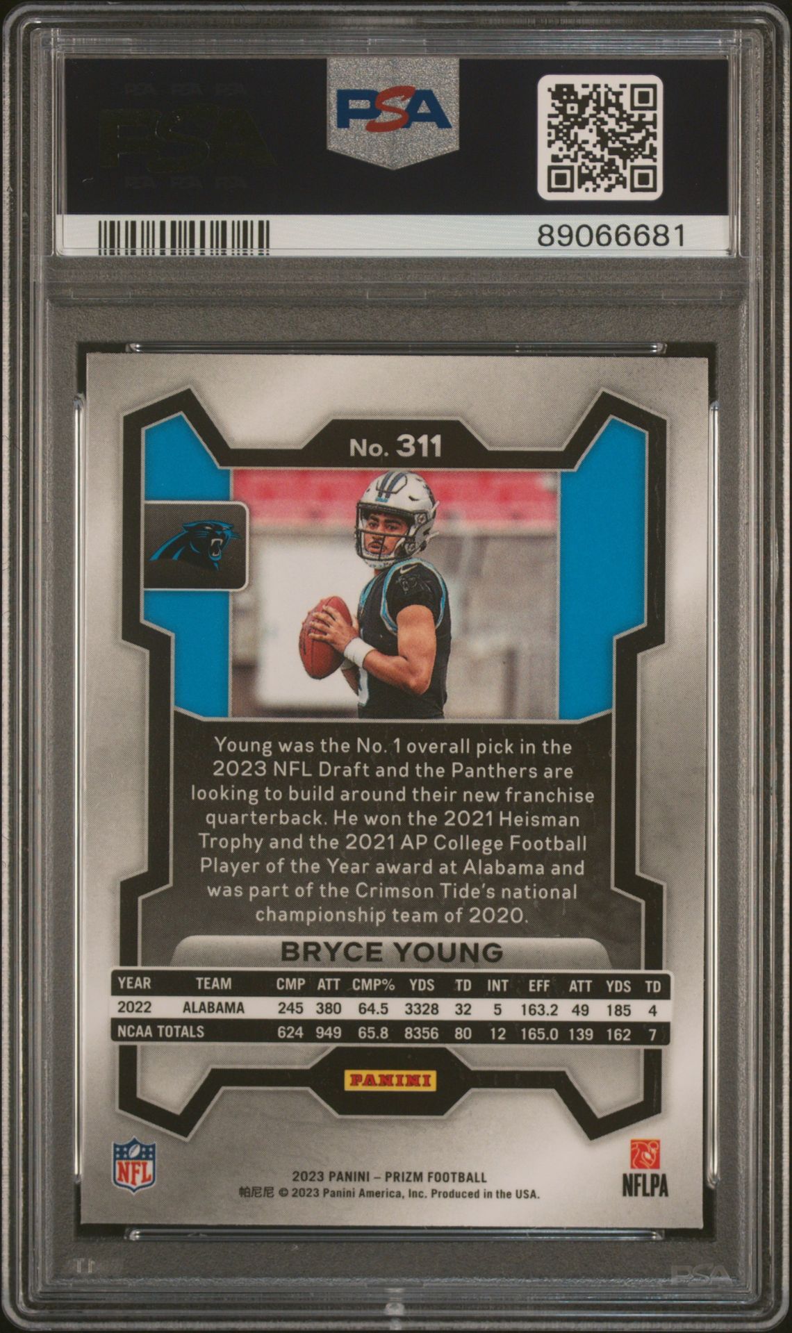 2023 Panini Prizm Bryce Young #311 Gem Mt 10 back