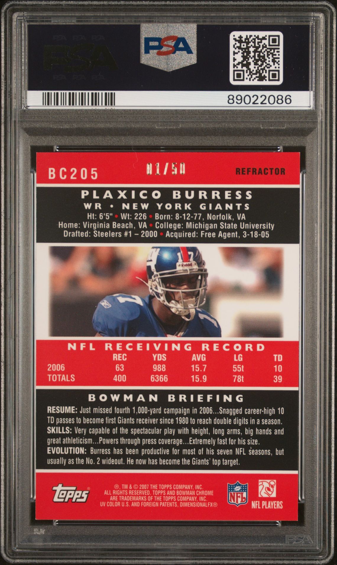 2007 Bowman Chrome Plaxico Burress #Bc205 (Gold Refractor) Mint 9 back