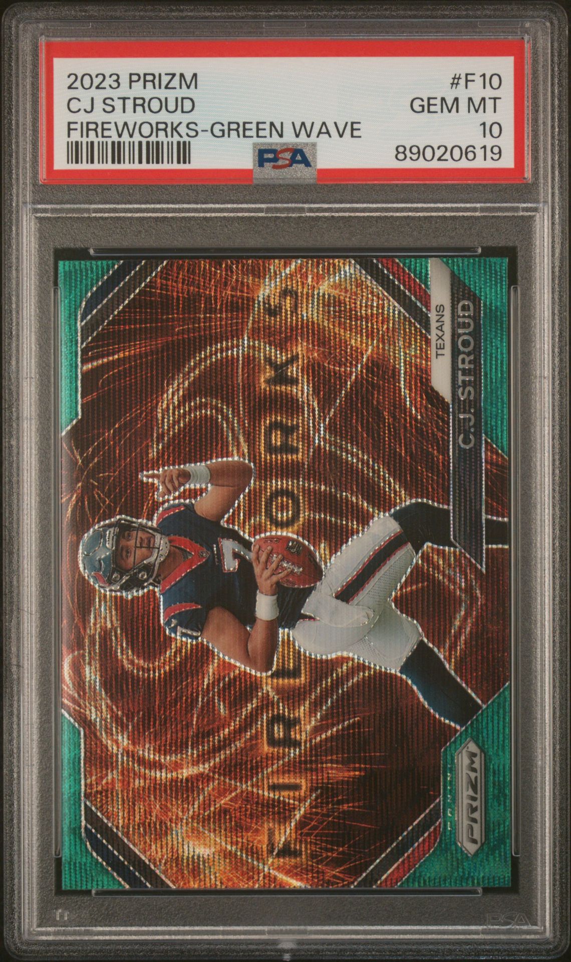 2023 Panini Prizm Fireworks Cj Stroud #F10 (Fireworks-Green Wave) Gem Mt 10 front view - PSA graded GEM MT 10