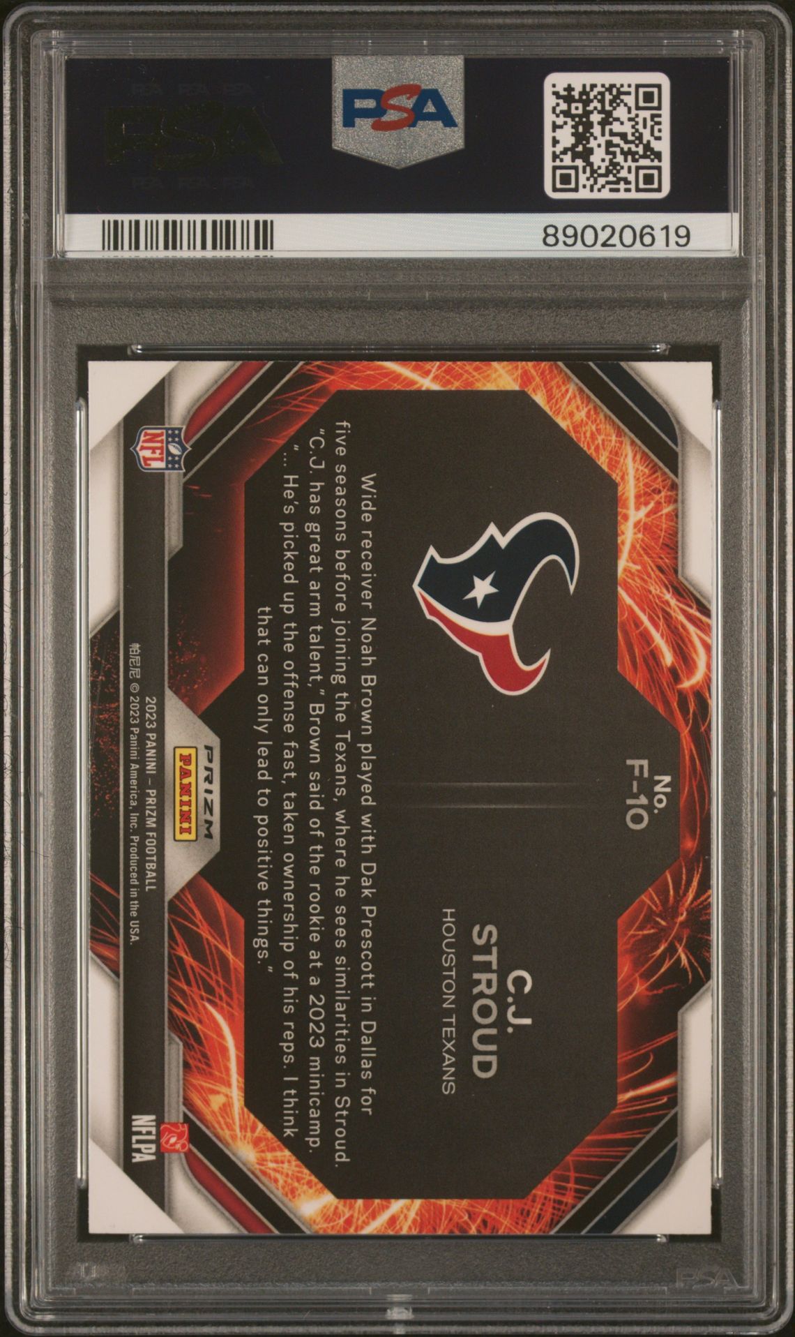 2023 Panini Prizm Fireworks Cj Stroud #F10 (Fireworks-Green Wave) Gem Mt 10 back view - PSA certificate #89020619