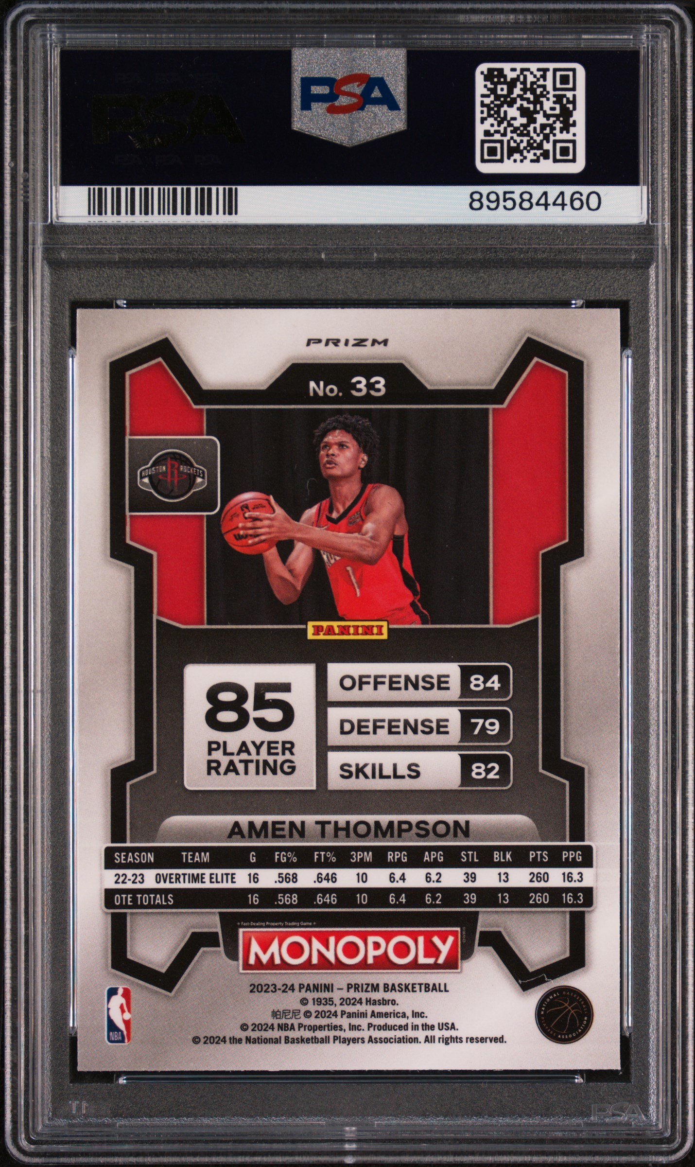 2023 Panini Prizm Monopoly Amen Thompson #33 (Monopoly Red Pattern) Gem Mt 10 back