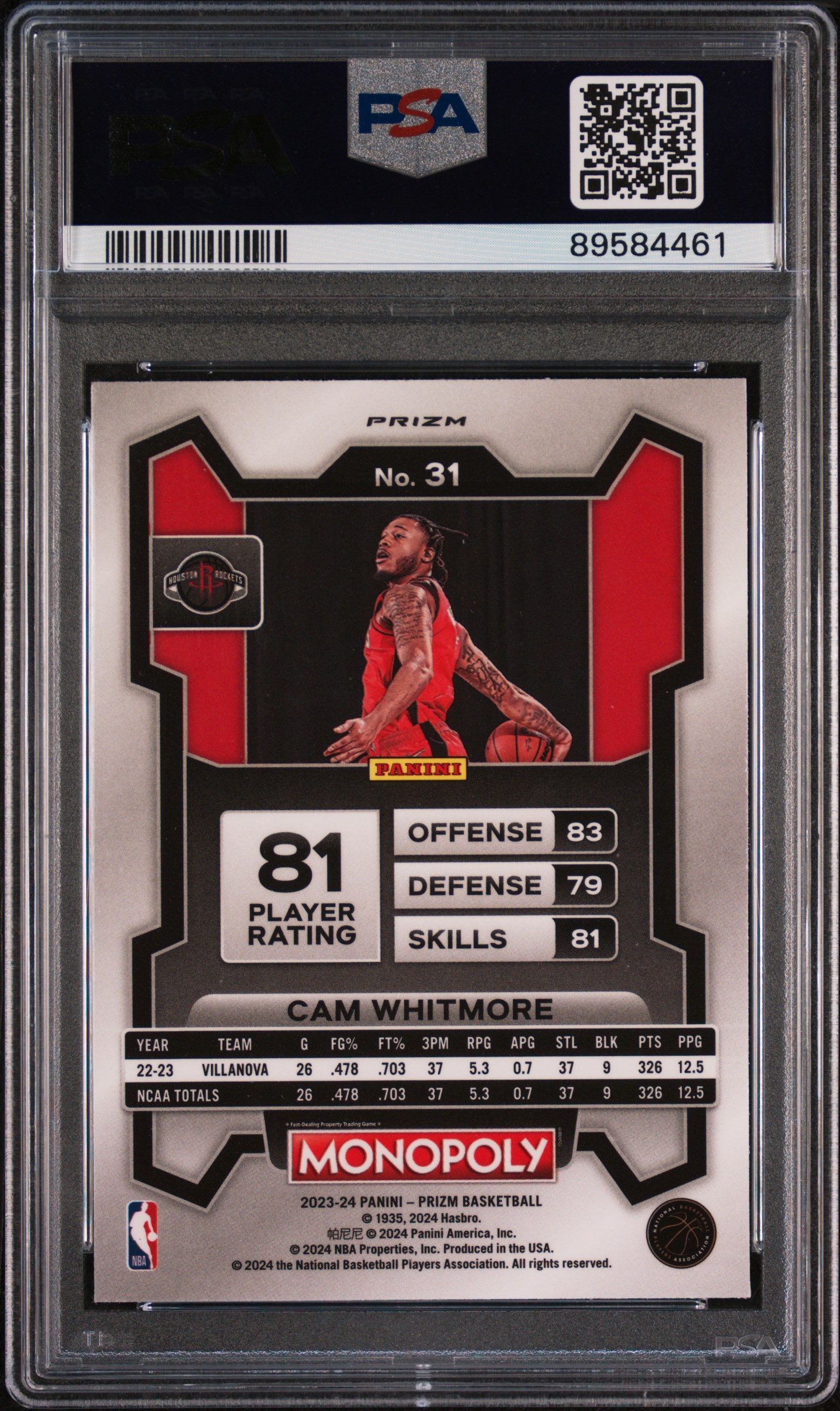 2023 Panini Prizm Monopoly Cam Whitmore #31 (Monopoly Red Pattern) Gem Mt 10 back