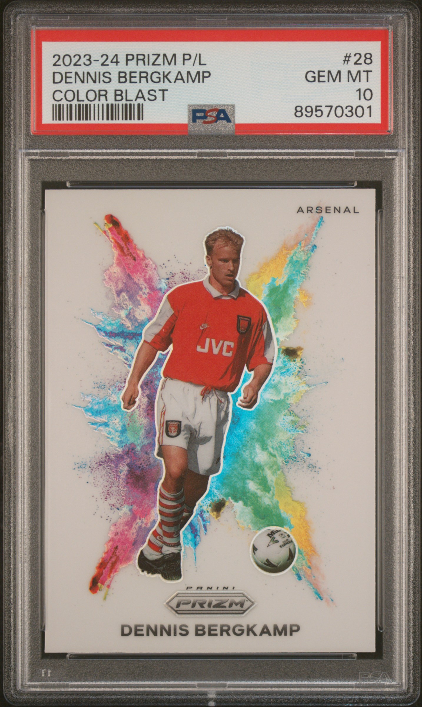 2023-24 Panini Prizm Premier League Color Blast #28 Dennis Bergkamp – PSA GEM MT 10