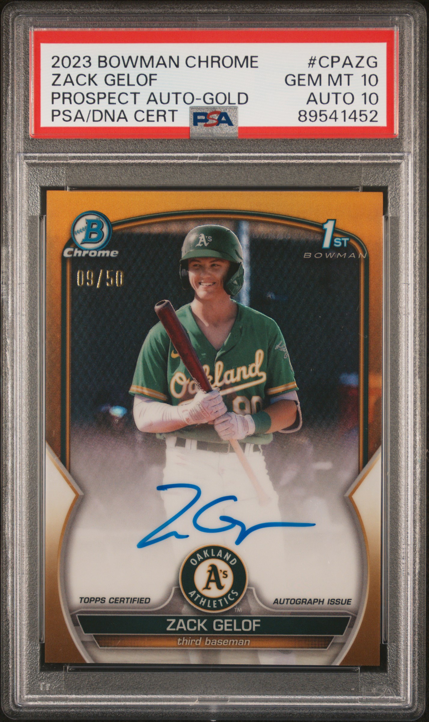 2023 Bowman Chrome Prospect Autographs Gold #CPA-ZG Zack Gelof Signed Rookie Card (#09/50) – PSA GEM MT 10, PSA/DNA GEM MT 10