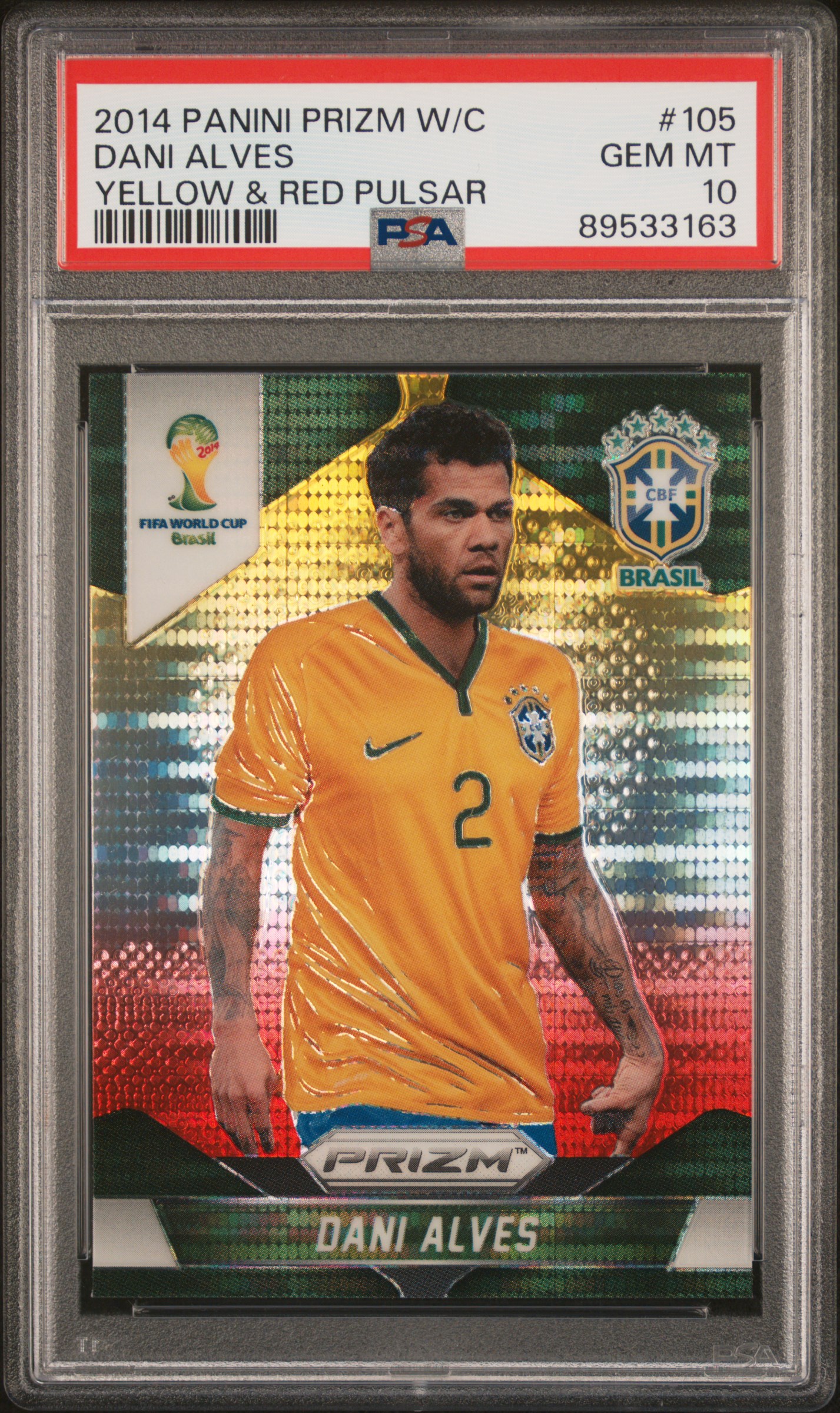 2014 Panini Prizm World Cup Yellow & Red Pulsar #105 Dani Alves – PSA GEM MT 10