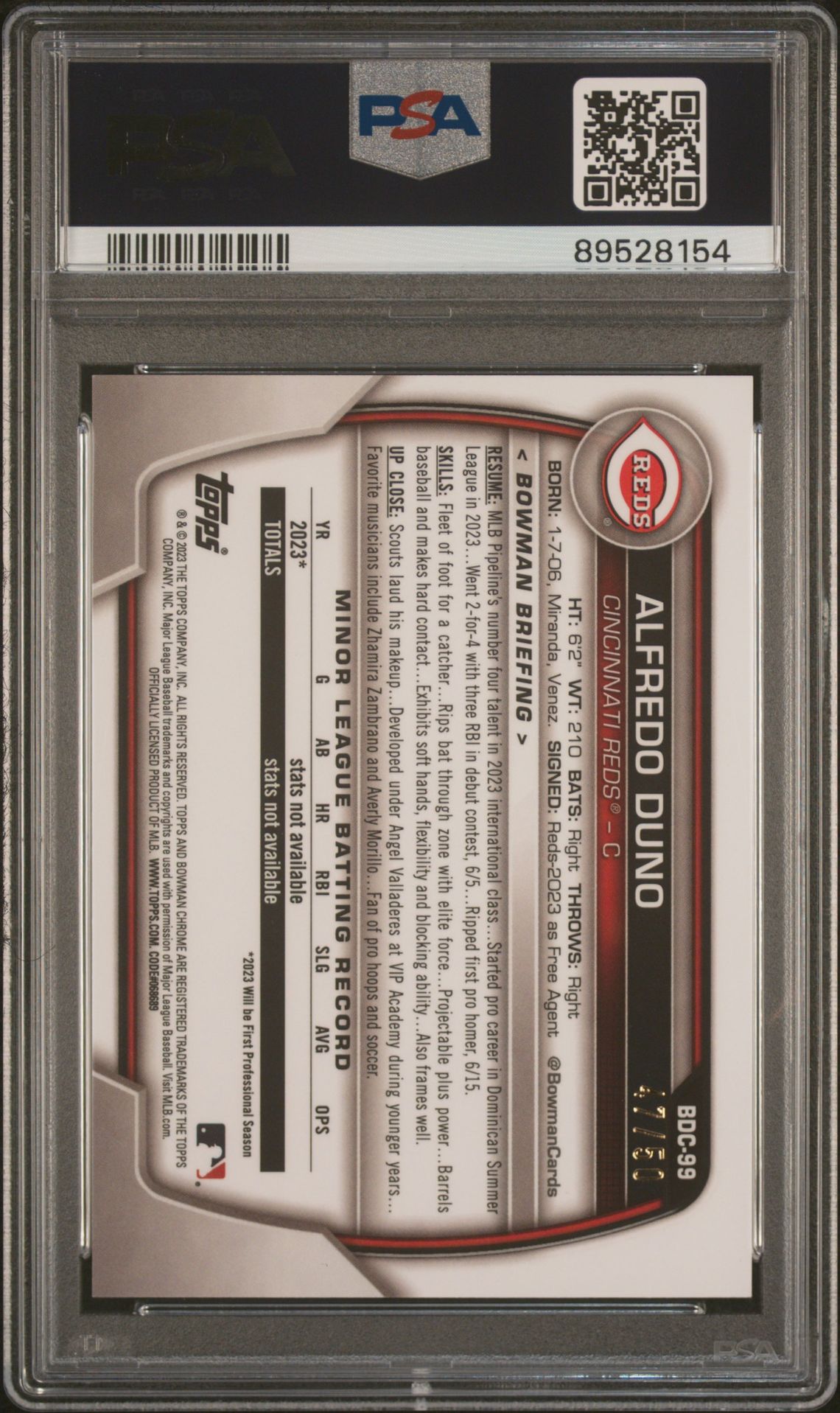2023 Bowman Draft Sapphire Edition Alfredo Duno #Bdc99 (Gold) Mint 9 back