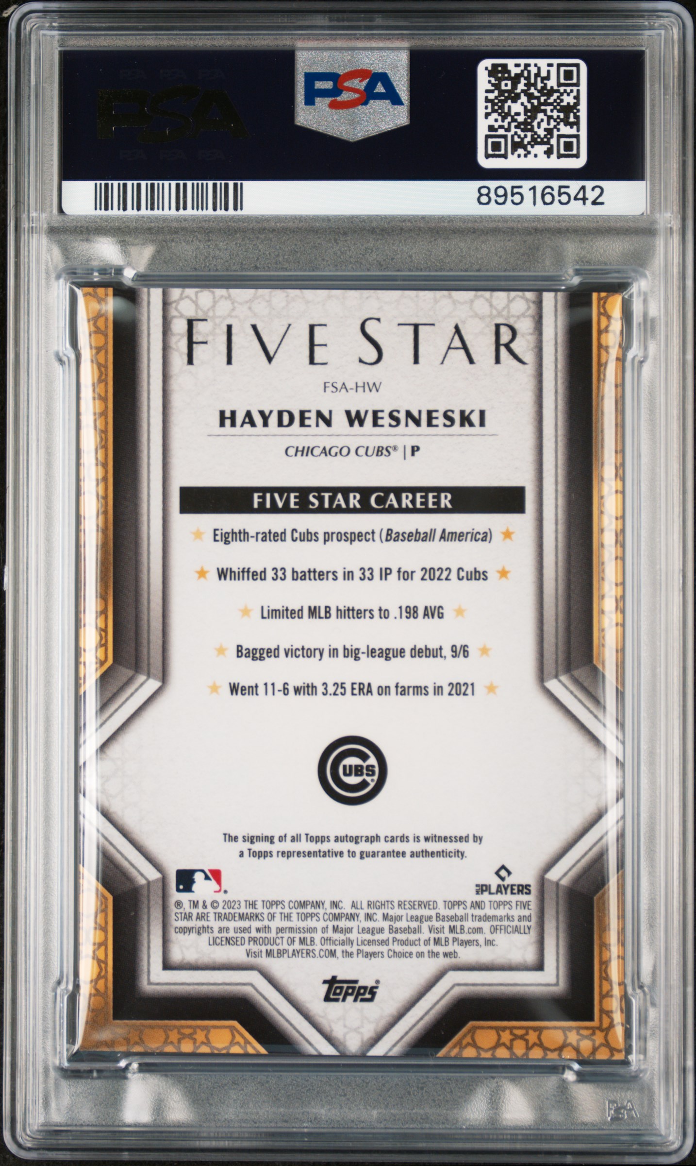2023 Topps Five Star Autographs Hayden Wesneski #Fsahw Mint 9 back