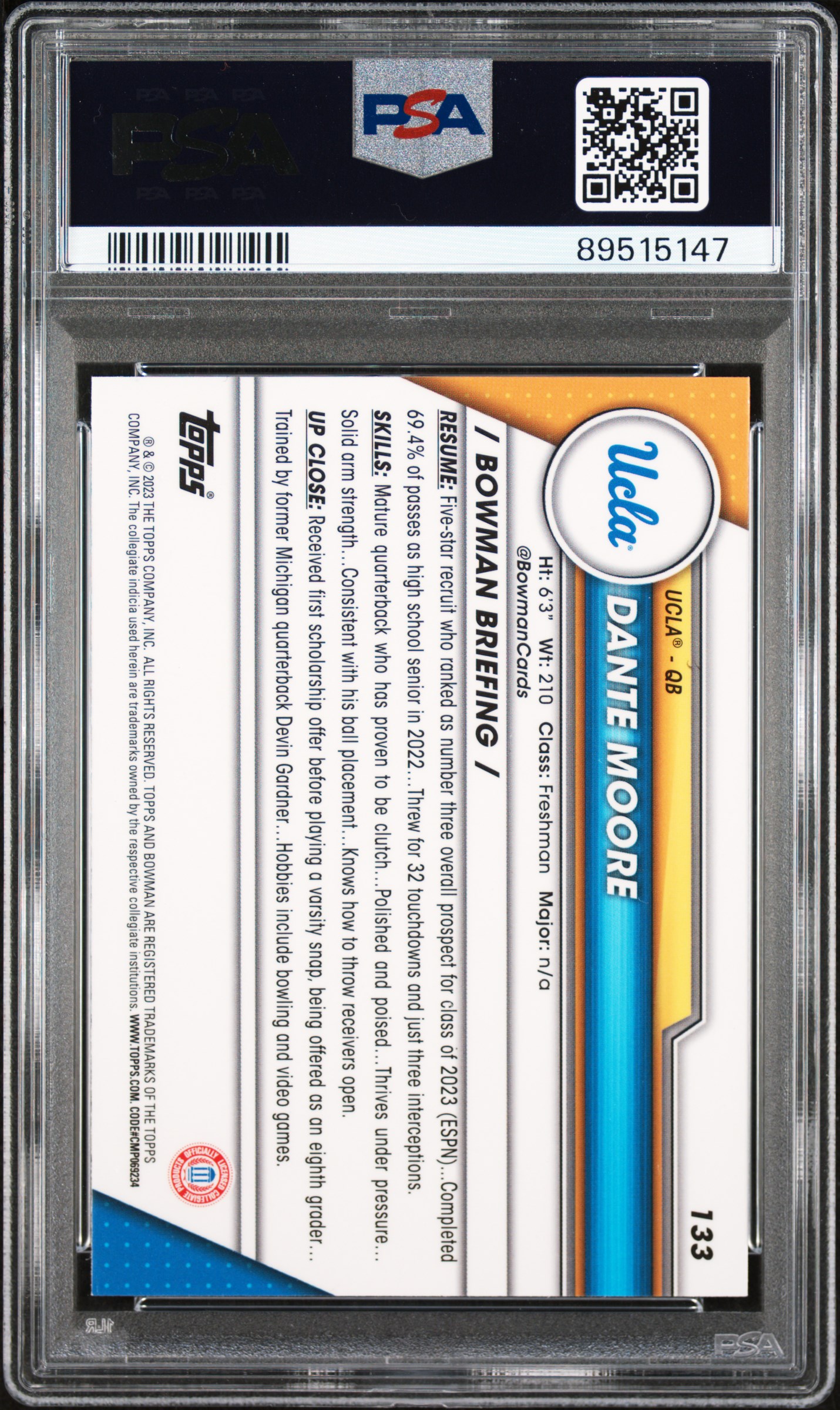 2023 Bowman University Chrome Sapphire Dante Moore #133 Gem Mt 10 back