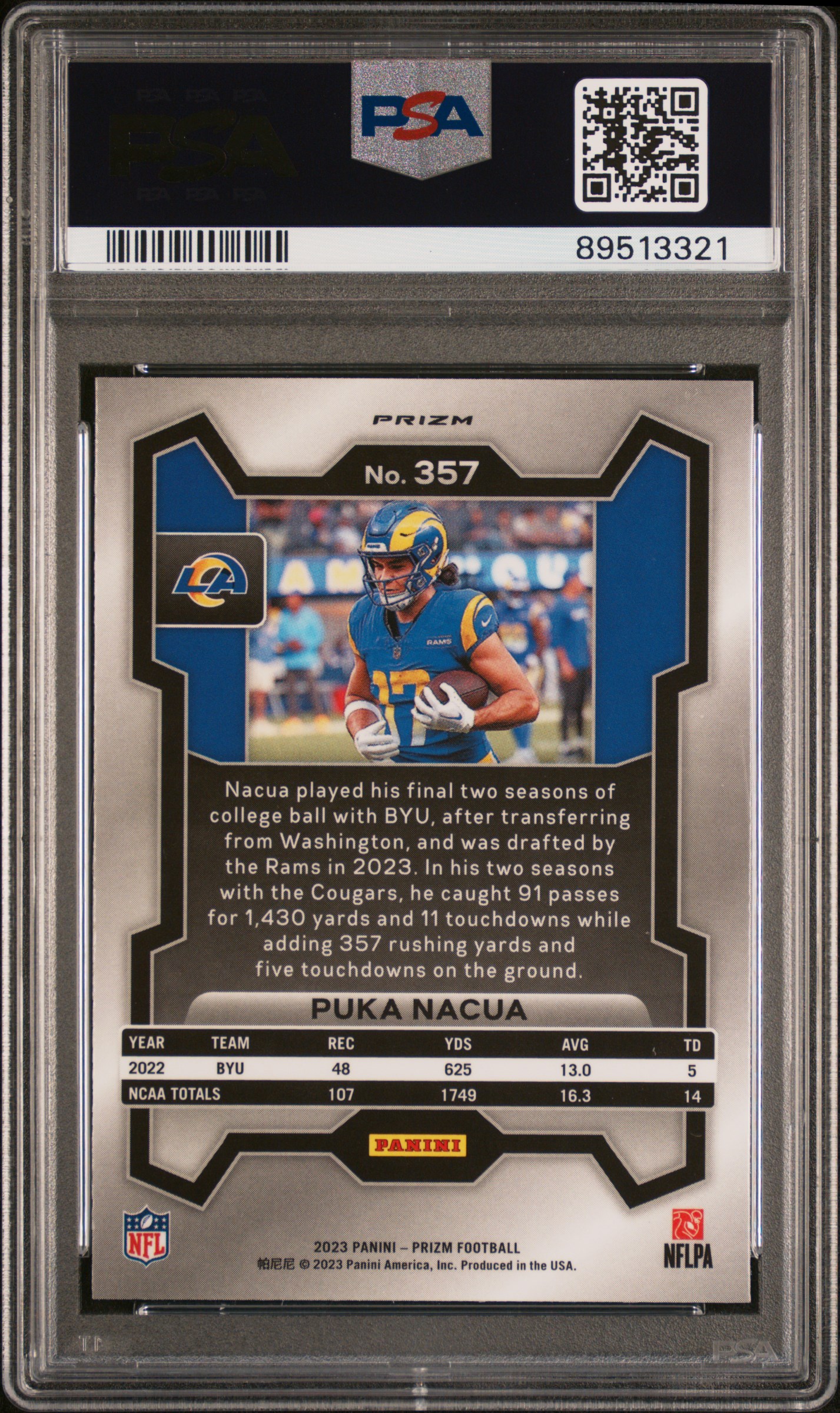 2023 Panini Prizm Puka Nacua #357 (Pink Prizm) Gem Mt 10 back