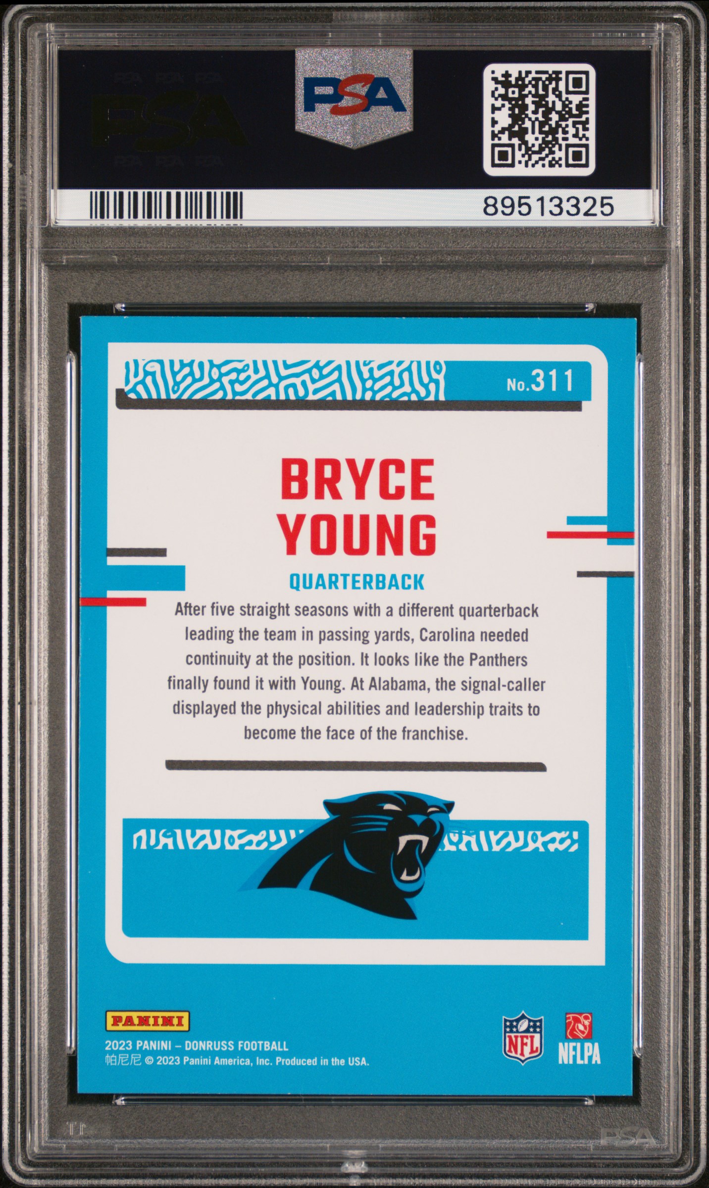 2023 Panini Donruss Bryce Young #311 Mint 9 back