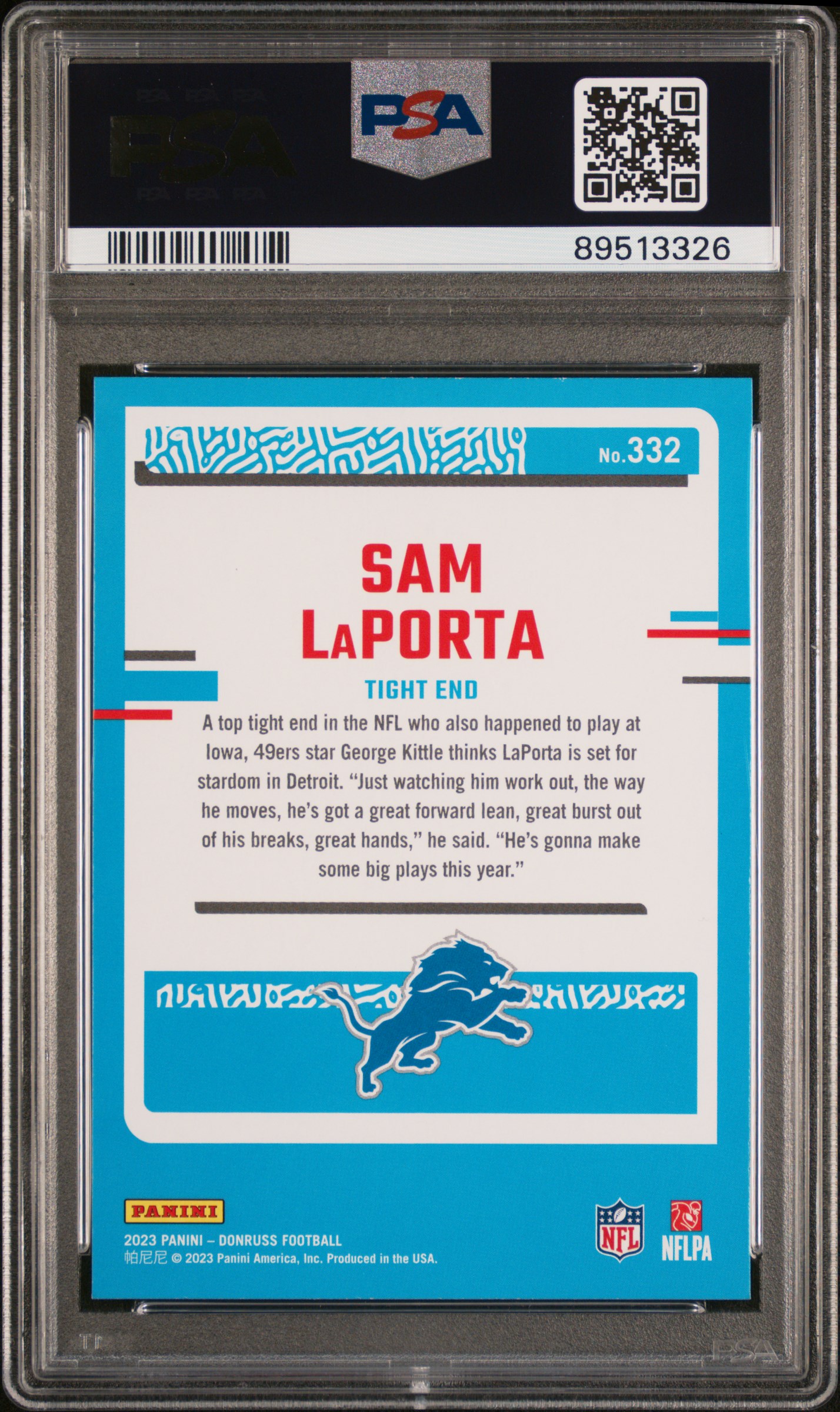 2023 Panini Donruss Sam Laporta #332 Gem Mt 10 back
