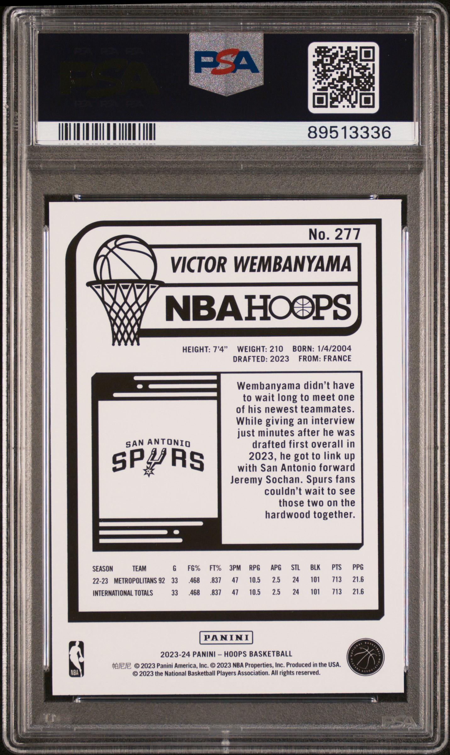 2023 Panini Nba Hoops Victor Wembanyama #277 Gem Mt 10 back