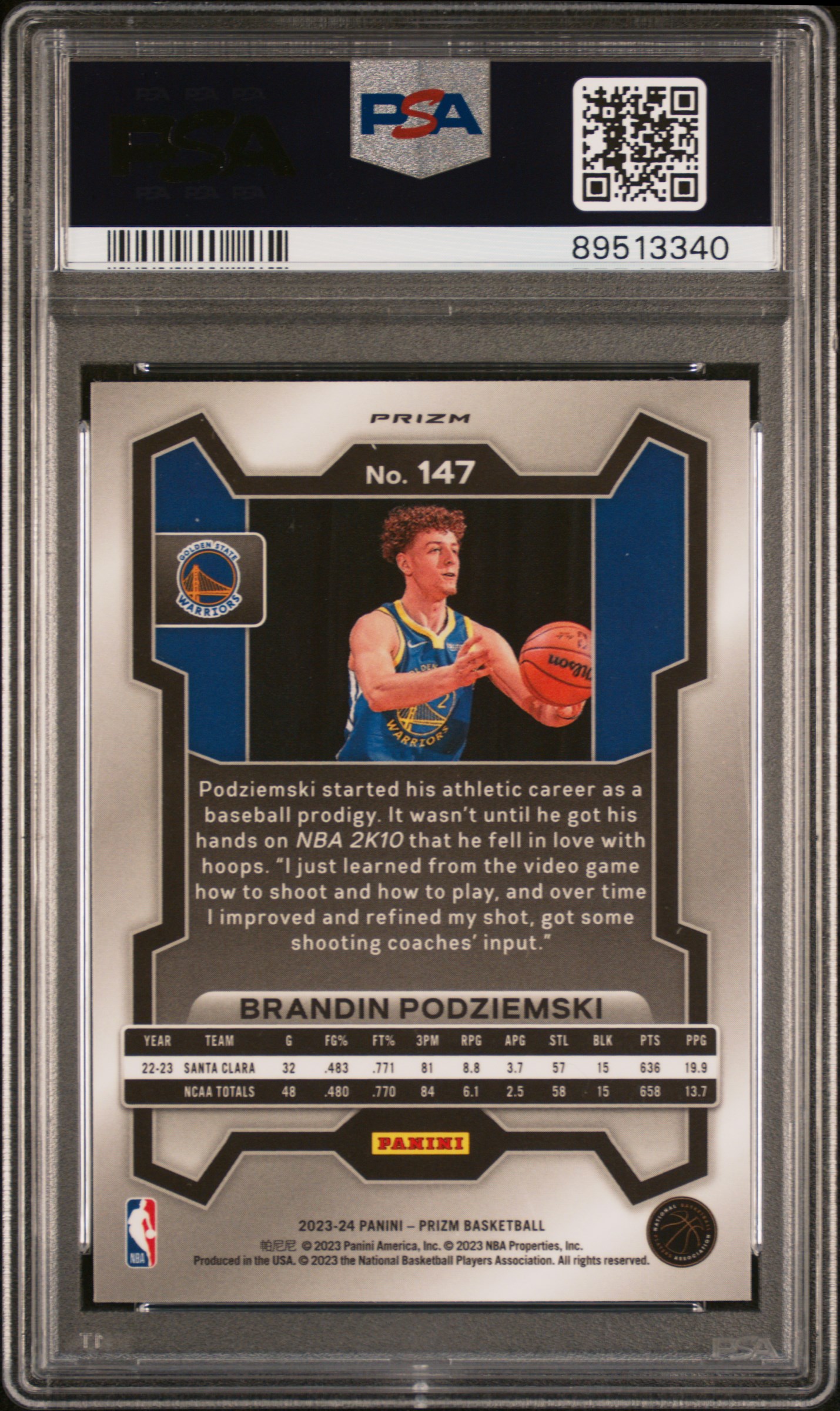 2023 Panini Prizm Brandin Podziemski #147 (Ice) Gem Mt 10 back