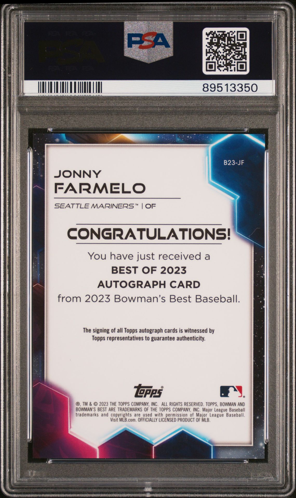 2023 Bowman's Best Best Of 2023 Autographs Jonny Farmelo #B23Jf (Best Of 2023 Auto-Gold Ref) Mint 9 back