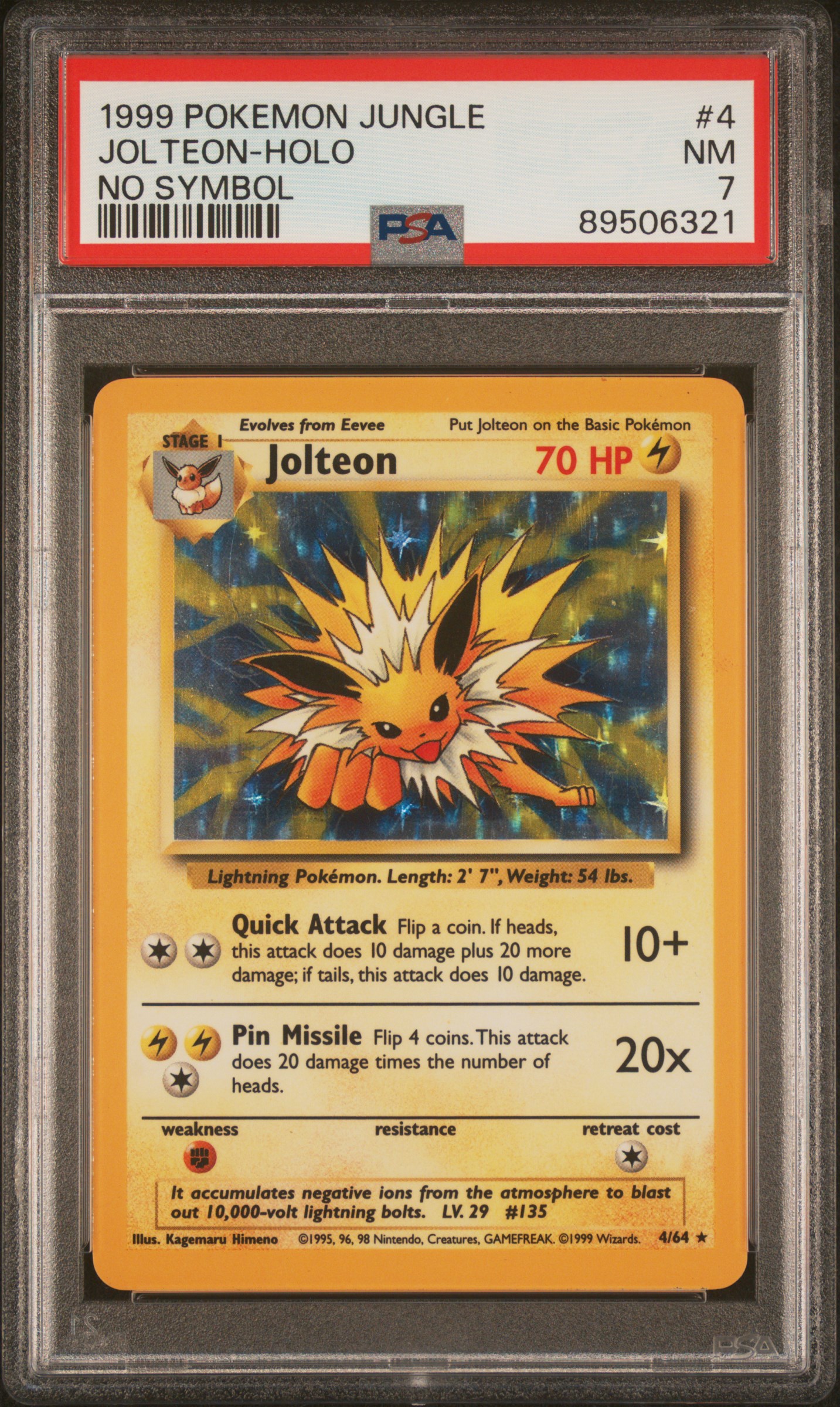 1999 Pokemon Jungle No Symbol #4 Jolteon-Holo – PSA NM 7