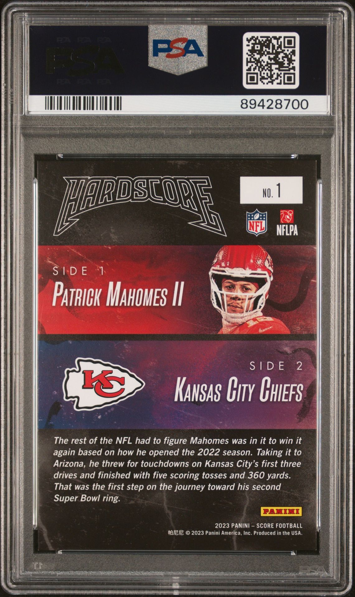 2023 Panini Score Hardscore Patrick Mahomes Ii #1 Mint 9 back