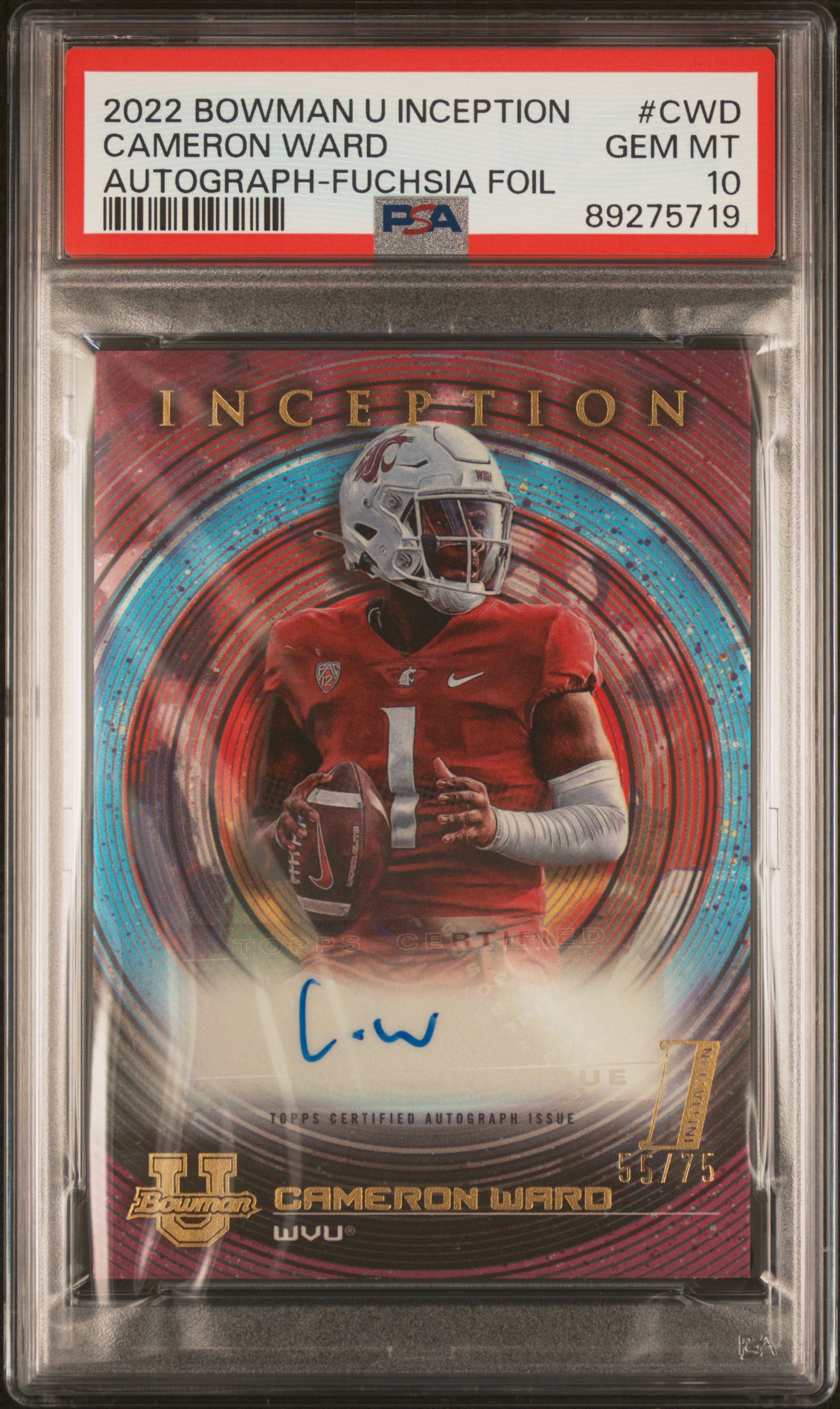 2022 Bowman University Inception Autographs Fuchsia Foil #CWD Cameron Ward Signed Rookie Card (#55/75) – PSA GEM MT 10