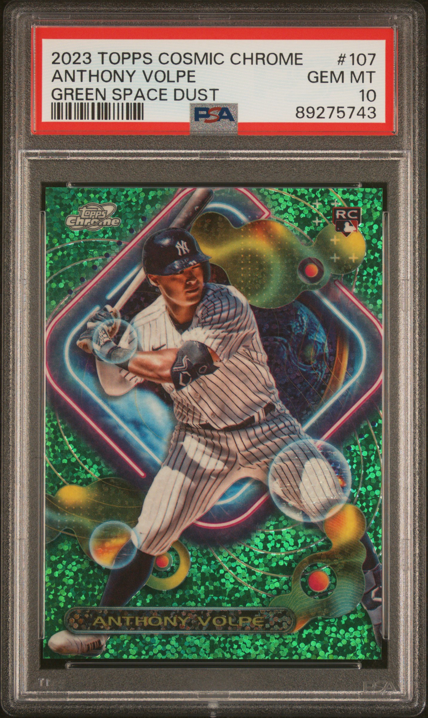 2023 Topps Cosmic Chrome Green Space Dust #107 Anthony Volpe Rookie Card (#61/75) – PSA GEM MT 10