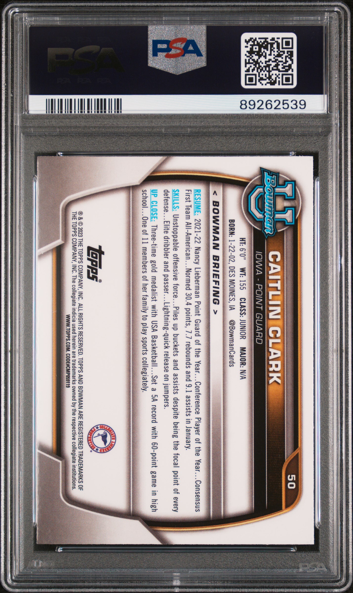 2022 Bowman Chrome University Caitlin Clark #50 Gem Mt 10 back