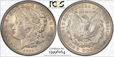 1921 $1 Morgan, Pitted Reverse MS63