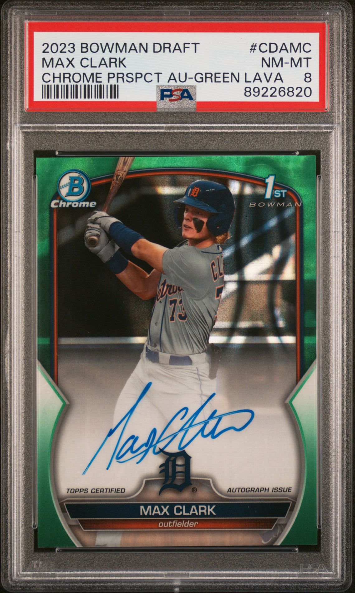 2023 Bowman Draft Chrome Prospect Autograph Max Clark #Cdamc (Chrome Prspct Au-Green Lava) Nm-Mt 8 front