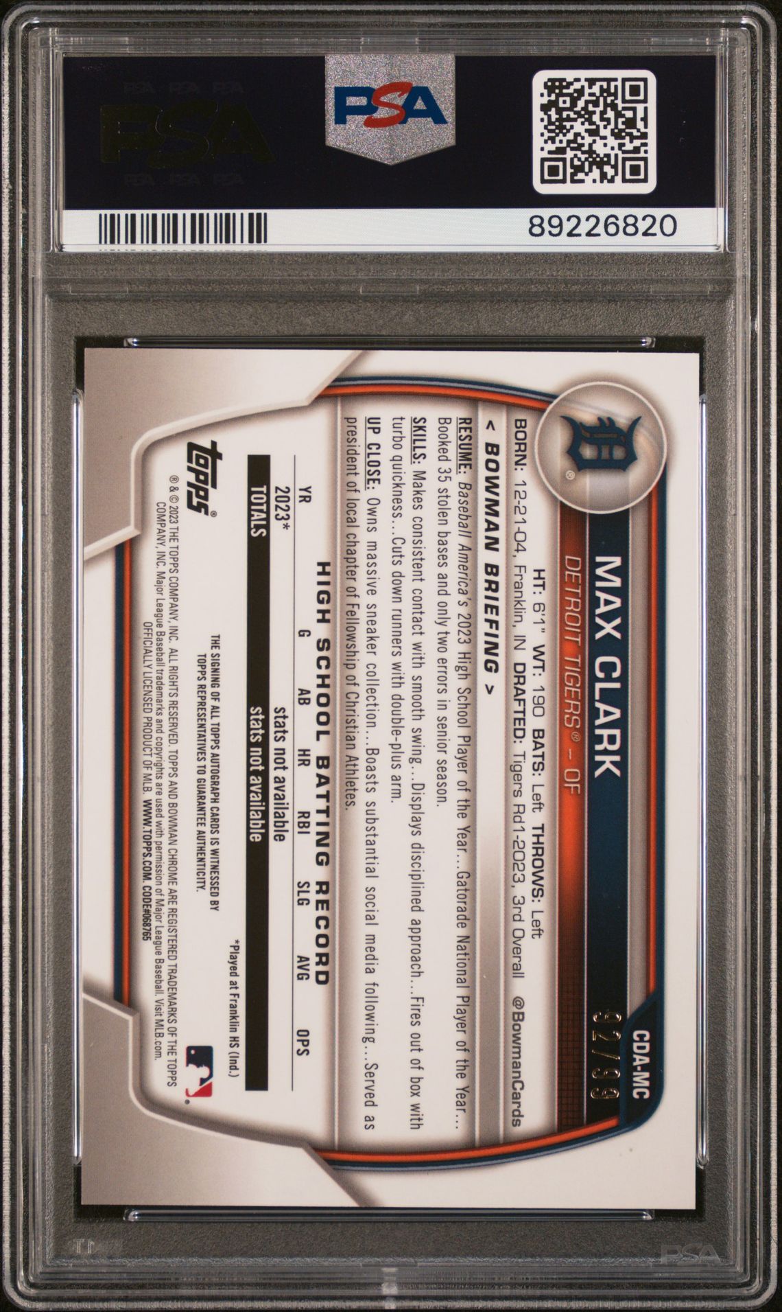 2023 Bowman Draft Chrome Prospect Autograph Max Clark #Cdamc (Chrome Prspct Au-Green Lava) Nm-Mt 8 back