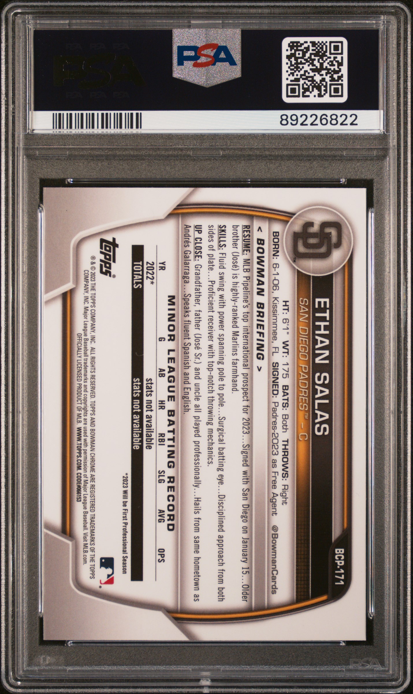 2023 Bowman Chrome Sapphire Edition Prospects Ethan Salas #171 Mint 9 back