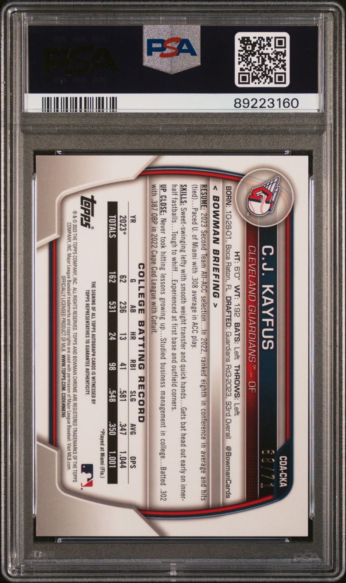 2023 Bowman Draft Chrome Prospect Autograph Cj Kayfus #Cdacka (Chr Prospect Au-Sparkle Ref) Mint 9 back