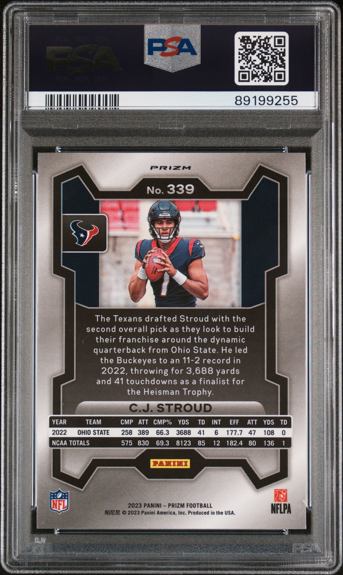 2023 Panini Prizm Cj Stroud #339 (Disco Prizm) Gem Mt 10 back view - PSA certificate #89199255
