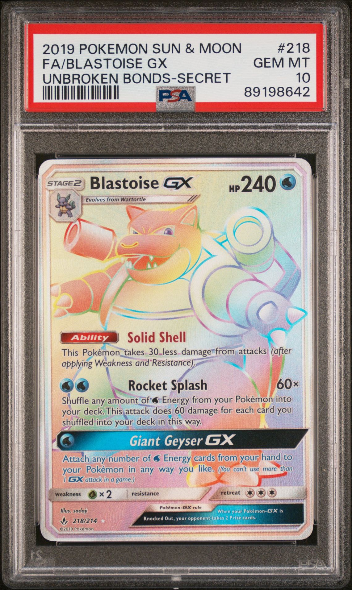 2019 Pokemon POKEMON SUN & MOON UNBROKEN BONDS SECRET #218 Fa/Blastoise Gx front